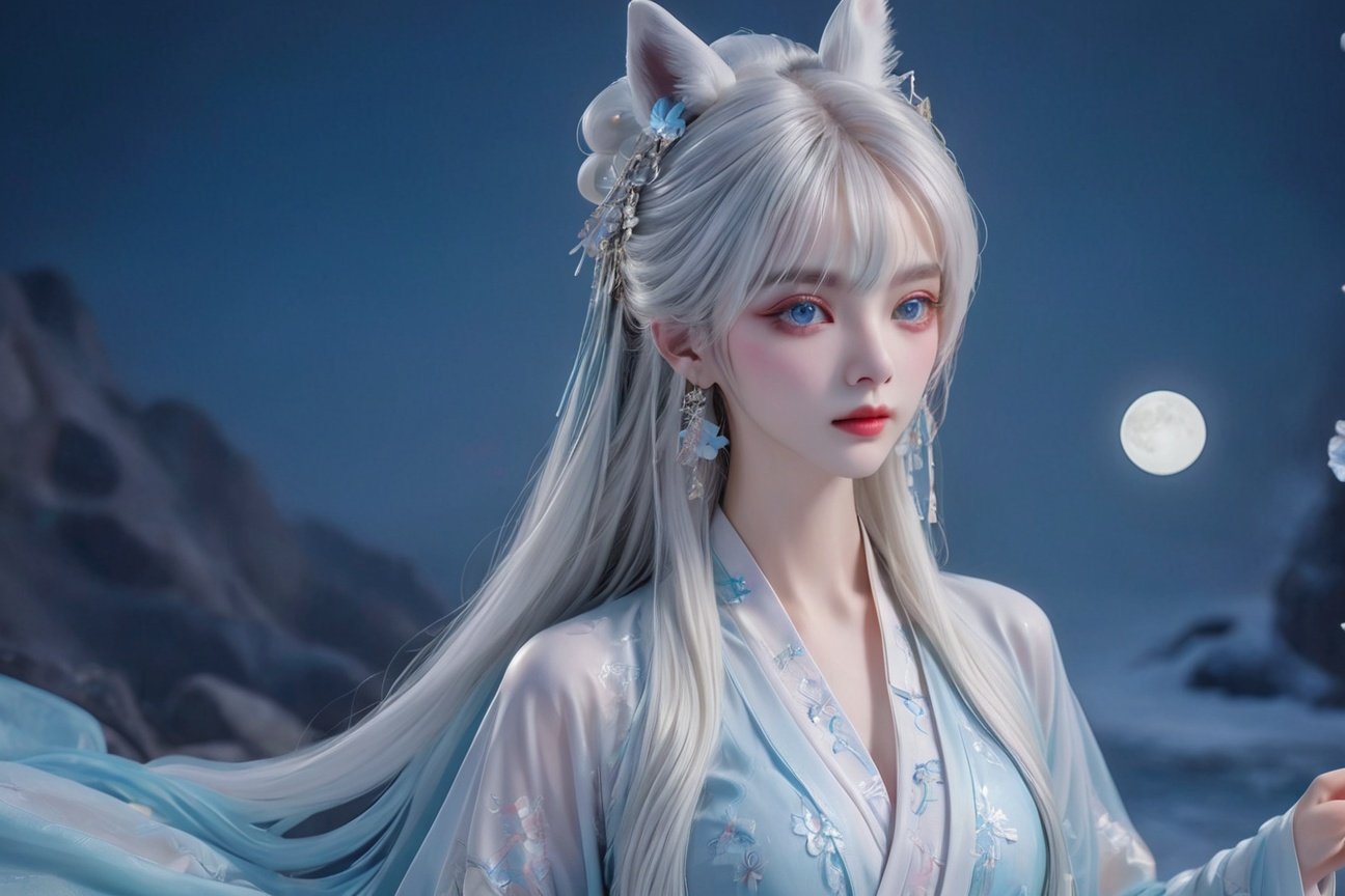 extremely delicate and,beautiful,water,((beauty detailed eye)),highly,Transparent silk, gauze, sexy, seductive,78,full moonhanfu,qixiong ruqun, Ice and snow, light blue, printed clothes broken,see-through, hanfu, (white hair),earrings, (white  long blonde hair, )(transparent clothe)Fox ears girl, bright eyes, lovely(Middle part bangs, straight bangs: 2.0)(colorful, chinese clothes, )Vertical hair, fringe,Dazzling hair bow, ,flower,detailed eyes,flower forground,flower and hair is same color,beautifully color,face,her hair is becoming flower,flower,hair,flower,butterfly,high details,high quality,back light,hair and clothes is flower,full body,hand in face,hanfu,high quality,hair with body,webbed dress,detailed,cinematic,akisa \(12023648\), White, pink, light blue, light yellow, rainbow color,Silk transparent, gauze, sexy, silk transparent,(masterpiece), (best quality), (absurdres)), linear hatching, ineart, comic, (greyscale, monochrome:1.2), hand on own chest,lovelygirl,1girl, white hair,yellow Hanfu,rabbit,moon cake,lantern,(little moon:1.5),(sparkle:1.2),(Fantasy World:1.4),,Jadeite colored moon cake,star (sky),night,sky,full moon,night sky,colorfull flower,Jadeitelighting,((beautiful face), surface, (original figure painting), ultra- detailed, incredibly detailed, (an extremely delicate and beautiful), beautiful detailed eyes, (best quality),<lora:20230919-1695115856496-0005:0.5> <lora:20230919-1695115856496-0001:0.2> <lora:古风女孩SDXL_v1.0:0.4> <lora:YFilter_DynamicRange_XL_V1:0.4>  <lora:原本X11:0.4> <lora:LowRA:0.4> <lora:OC:0.4> <lora:SD1.5泛光调节_v1.0:0.4>