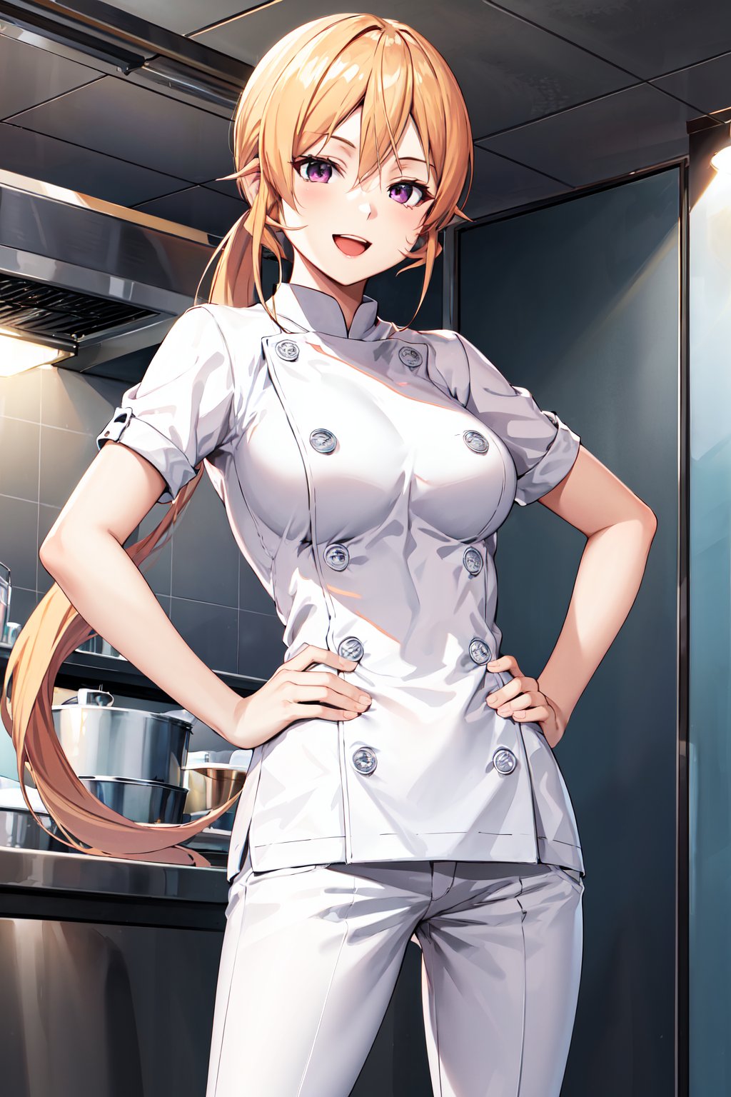 masterpiece, best quality, highres, aaerina, ponytail, long hair, white pants, chef, buttons, <lora:nakiri_erina_v1:0.7>, smile, open mouth, hand on hip, standing,