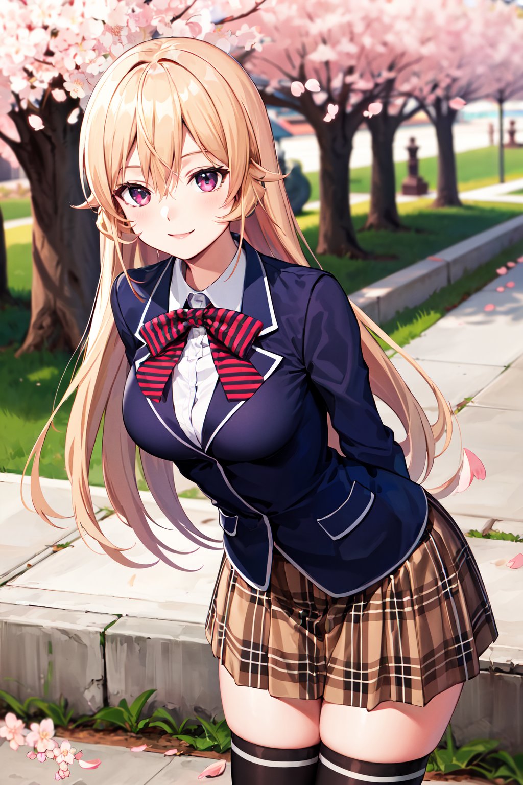 masterpiece, best quality, highres, aaerina, long hair, red bow, striped bow, blazer, blue jacket, long sleeves, plaid skirt, brown skirt, black thighhighs, <lora:nakiri_erina_v1:0.7>, smile, arms behind back, cherry blossoms, standing, outdoors, bent over,