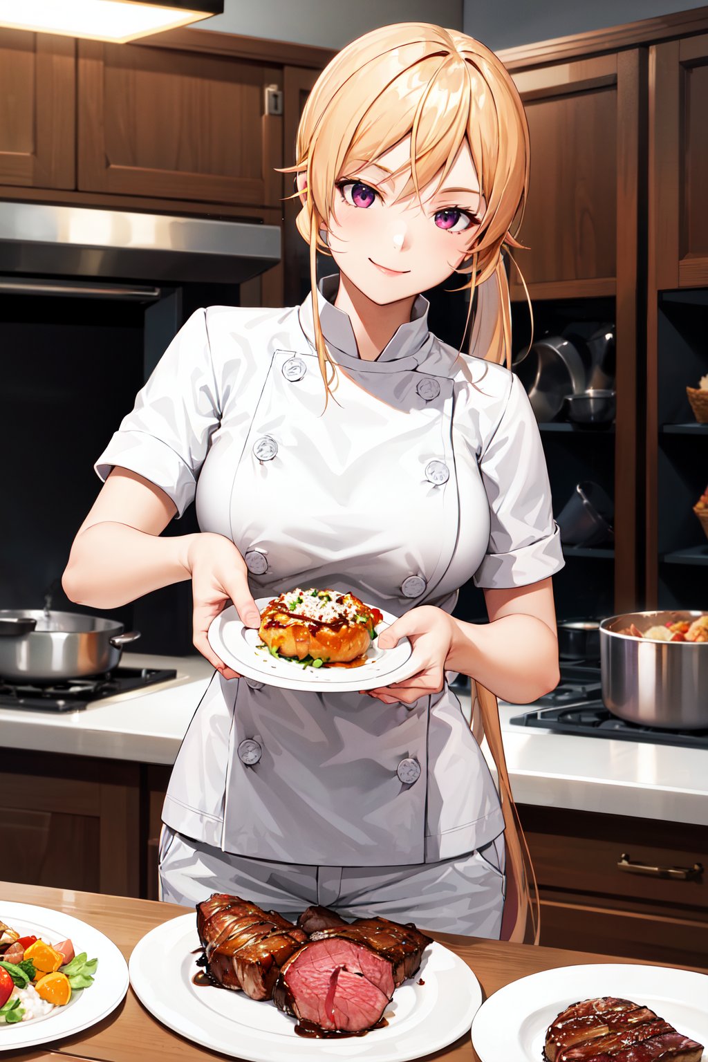 masterpiece, best quality, highres, aaerina, ponytail, long hair, white pants, chef, buttons, <lora:nakiri_erina_v1:0.7>, standing, plate, food, meat, smile, kitchen, table,