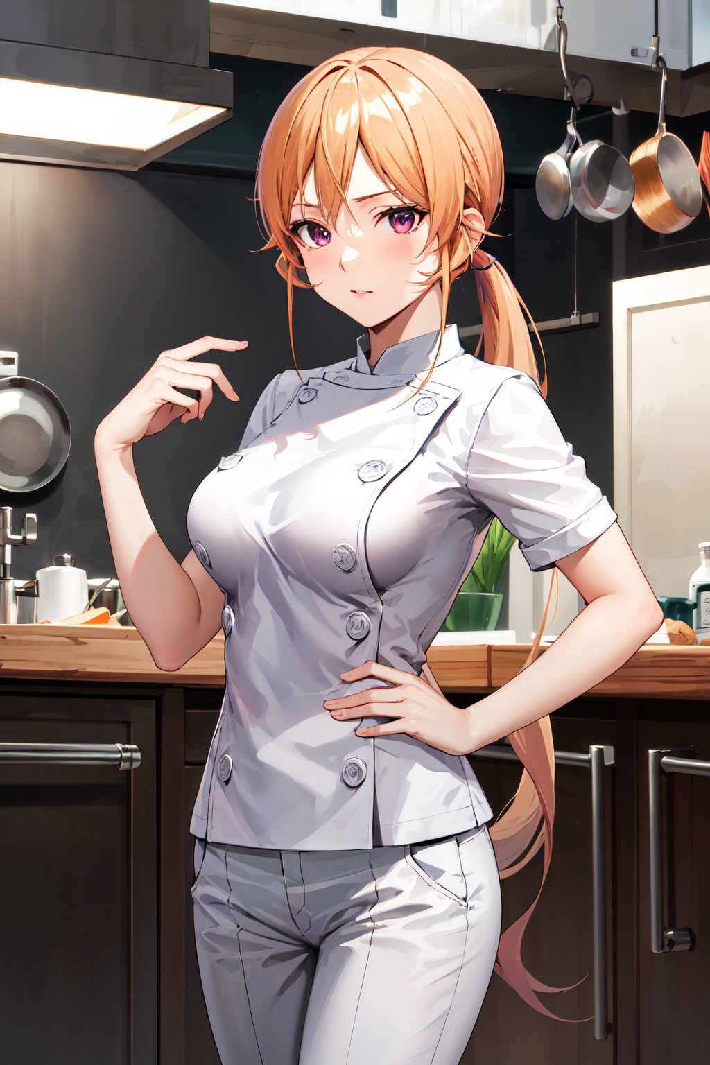 masterpiece, best quality, highres, aaerina, ponytail, long hair, white pants, chef, buttons, <lora:nakiri_erina_v1:0.7>, standing, kitchen, cowboy shot,