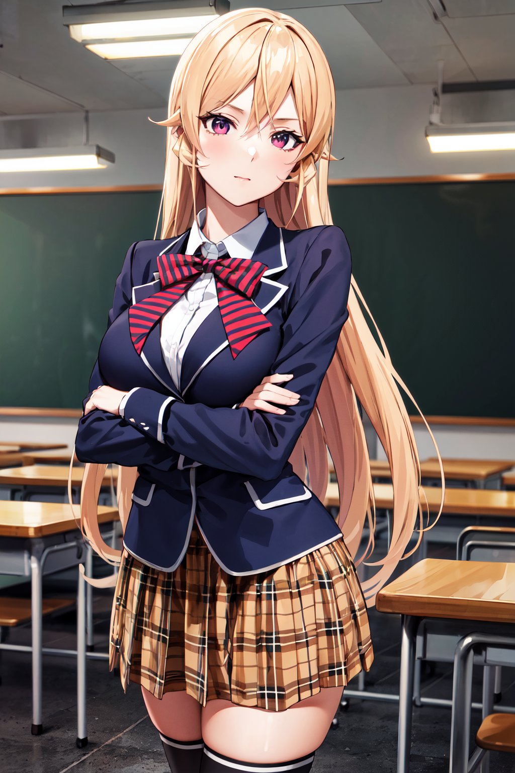 masterpiece, best quality, highres, aaerina, long hair, red bow, striped bow, blazer, blue jacket, long sleeves, plaid skirt, brown skirt, black thighhighs, <lora:nakiri_erina_v1:0.7>, crossed arms, indoors, classroom