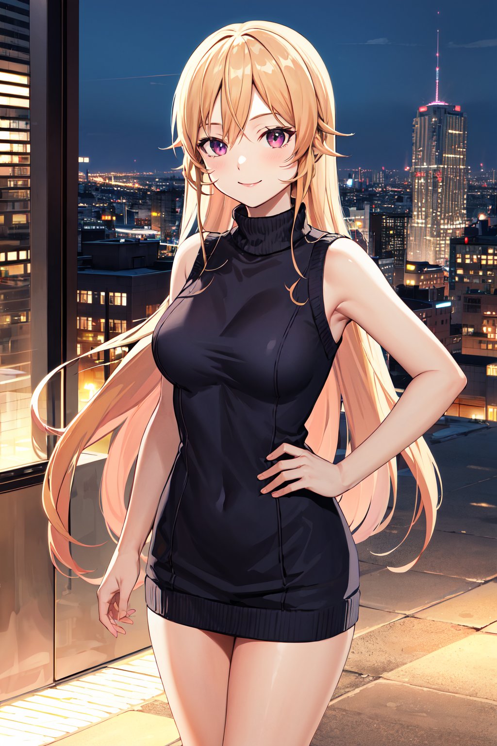 masterpiece, best quality, highres, aaerina, long hair, <lora:nakiri_erina_v1:0.7>, sweater dress, turtleneck, sleeveless, night, city, standing, smile