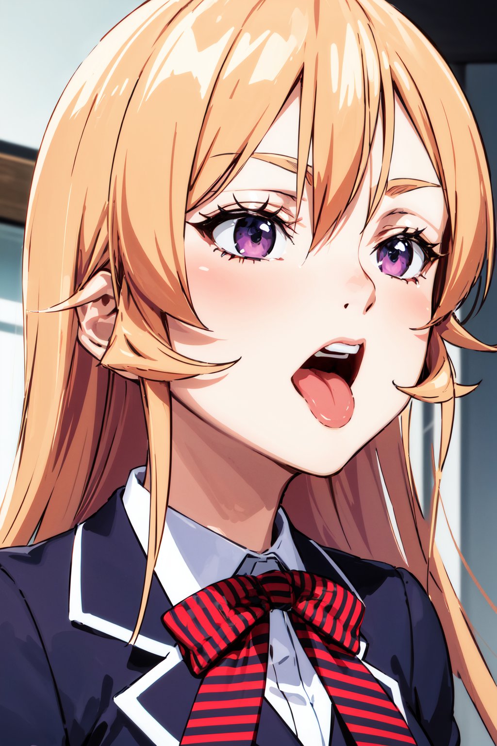 masterpiece, best quality, highres, aaerina, long hair, red bow, striped bow, blazer, blue jacket, <lora:nakiri_erina_v1:0.7>, upper body, open mouth, tongue out, close-up, face