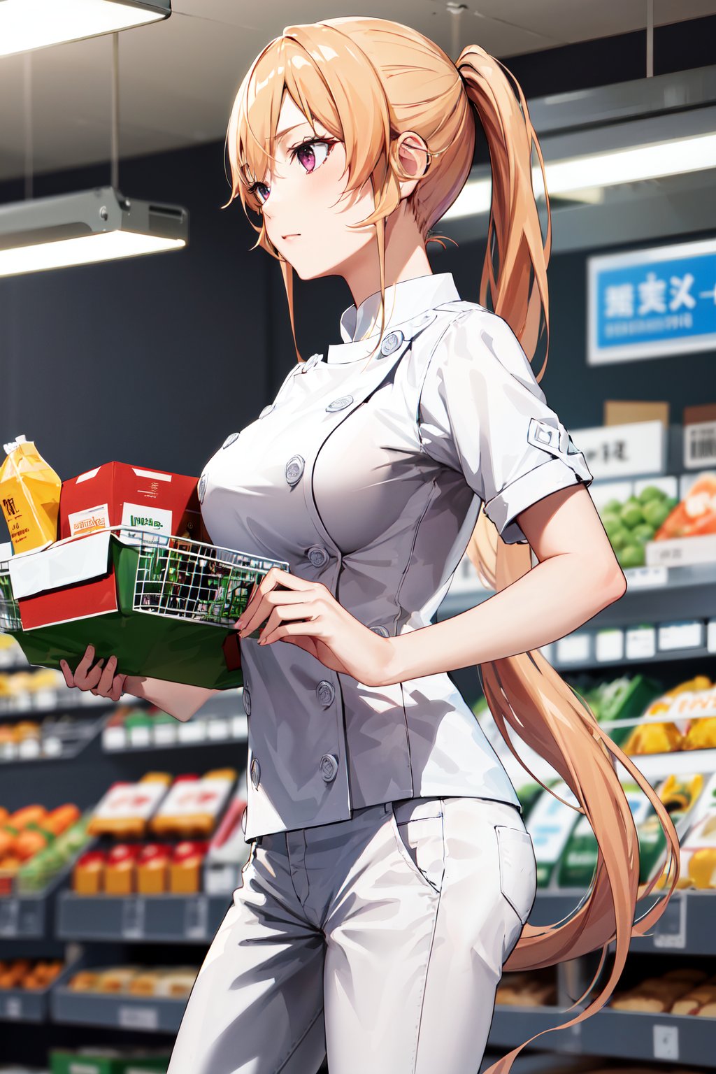 masterpiece, best quality, highres, aaerina, ponytail, long hair, white pants, chef, buttons, <lora:nakiri_erina_v1:0.7>, from side, supermarket, standing