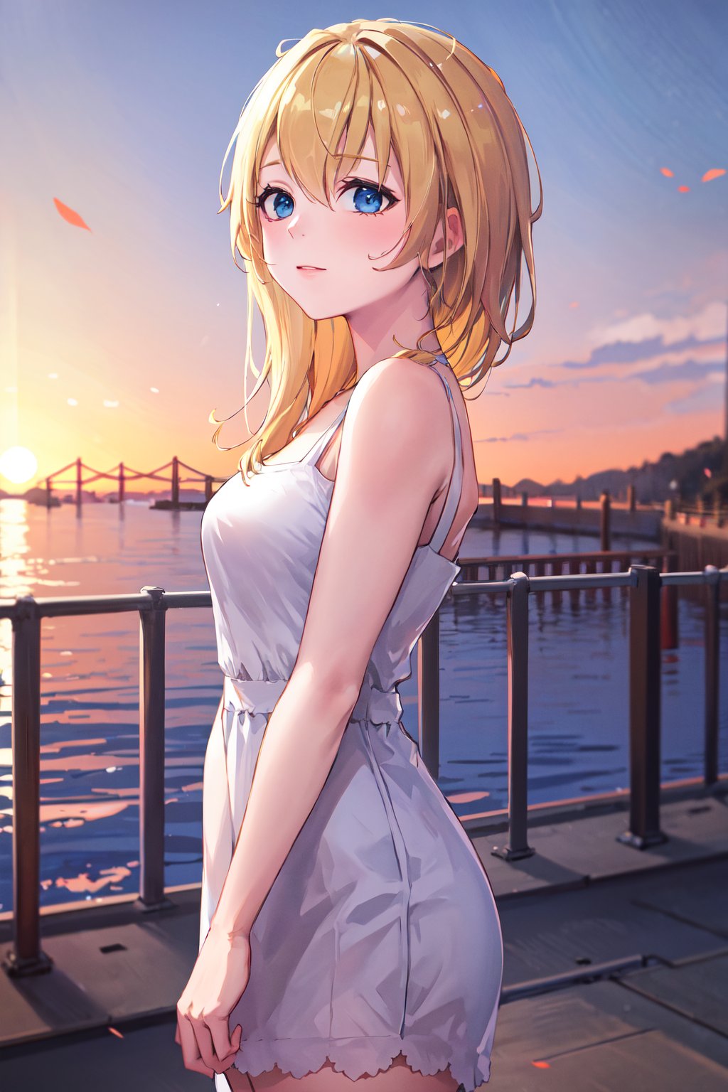 masterpiece, best quality, highres, aanamine, blonde hair, bare shoulders, white dress, dress, <lora:namine_v1:0.7>, from side, sunset, bridge, 