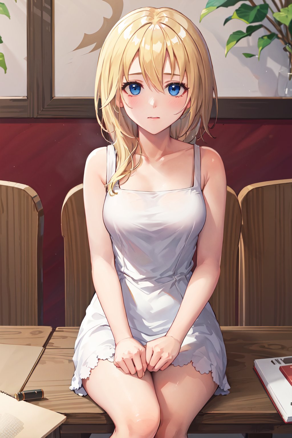 masterpiece, best quality, highres, aanamine, blonde hair, bare shoulders, white dress, dress, <lora:namine_v1:0.7>, indoors, sitting, table, 