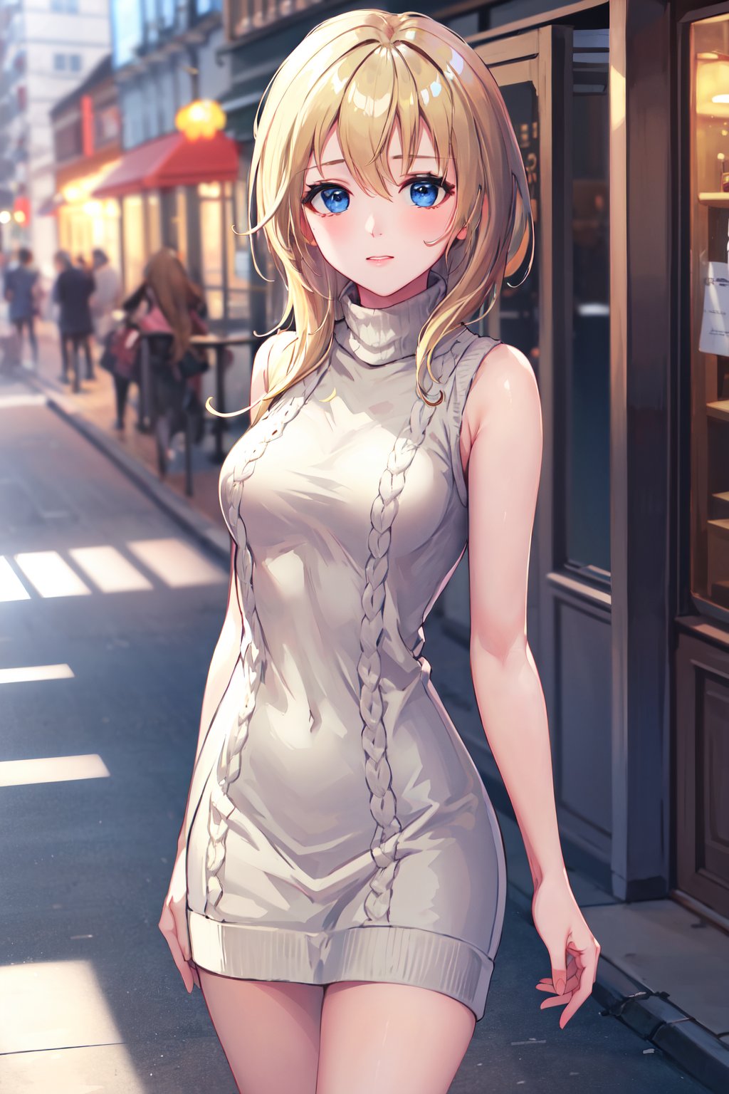 masterpiece, best quality, highres, aanamine, blonde hair,  <lora:namine_v1:0.7>, sweater dress, ribbed sweater, turtleneck, sleeveless, street, standing