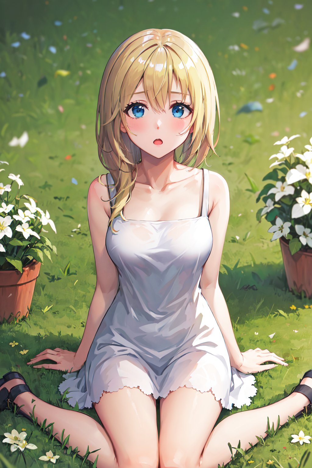 masterpiece, best quality, highres, aanamine, blonde hair, bare shoulders, white dress, dress, <lora:namine_v1:0.7>, wariza, sitting, :o, grass,