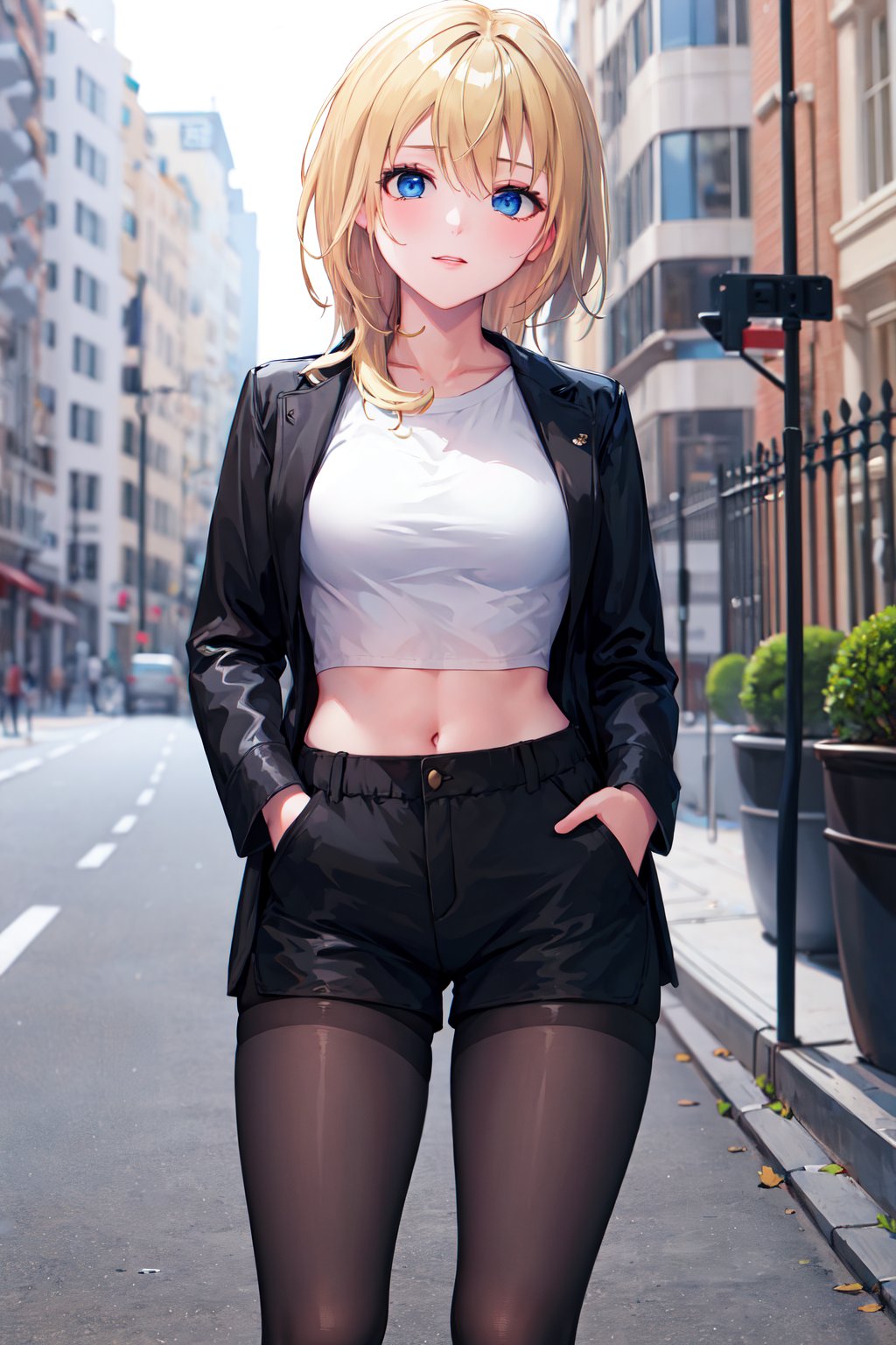 masterpiece, best quality, highres, aanamine, blonde hair,  <lora:namine_v1:0.7>, black jacket, shirt, midriff, short shorts, pantyhose, hands in pockets, street