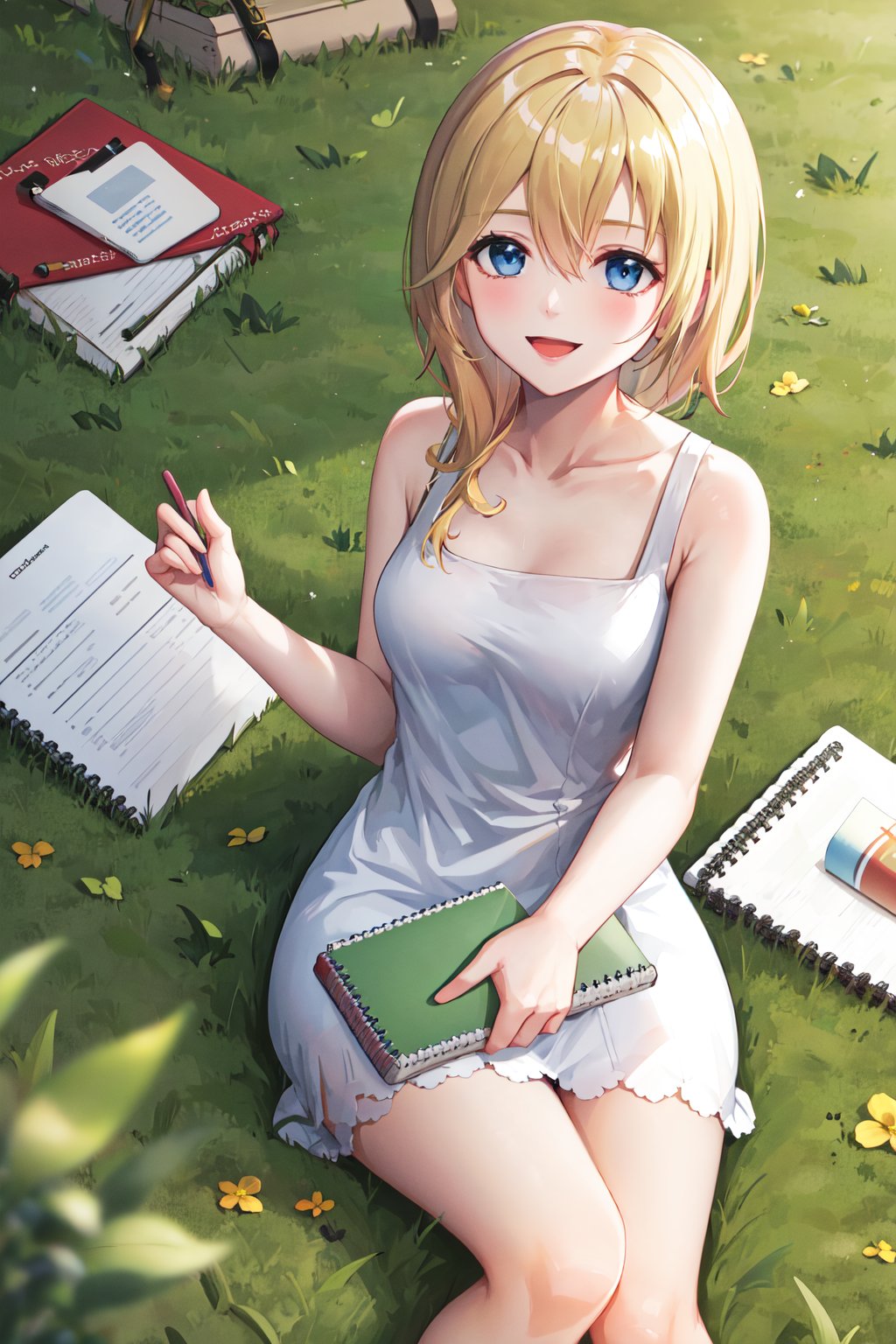 masterpiece, best quality, highres, aanamine, blonde hair, bare shoulders, white dress, dress, <lora:namine_v1:0.7>, sitting, field, on floor, grass, sketchbook, smile, open mouth, 