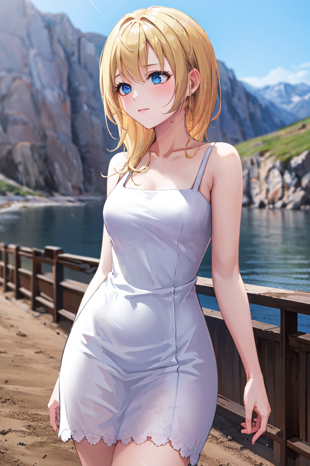 masterpiece, best quality, highres, aanamine, blonde hair, bare shoulders, white dress, dress, <lora:namine_v1:0.7>, cowboy shot, standing, outdoors