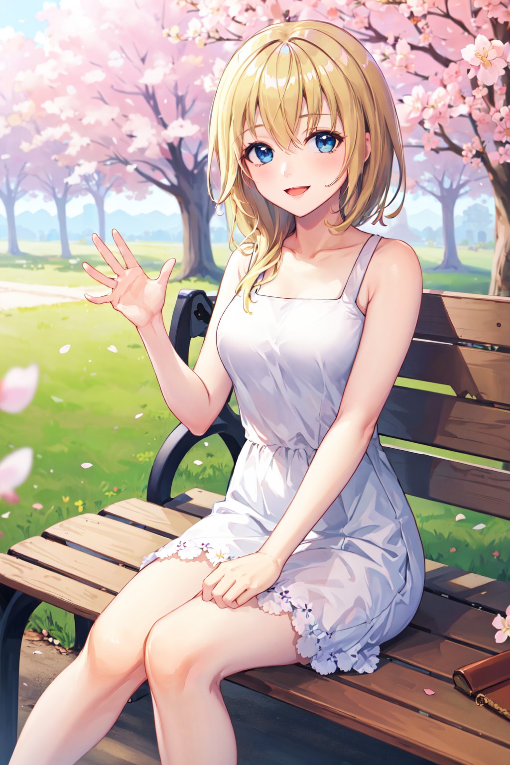 masterpiece, best quality, highres, aanamine, blonde hair, bare shoulders, white dress, dress, <lora:namine_v1:0.7>, waving, smile, cherry blossoms, sitting, bench, open mouth, 