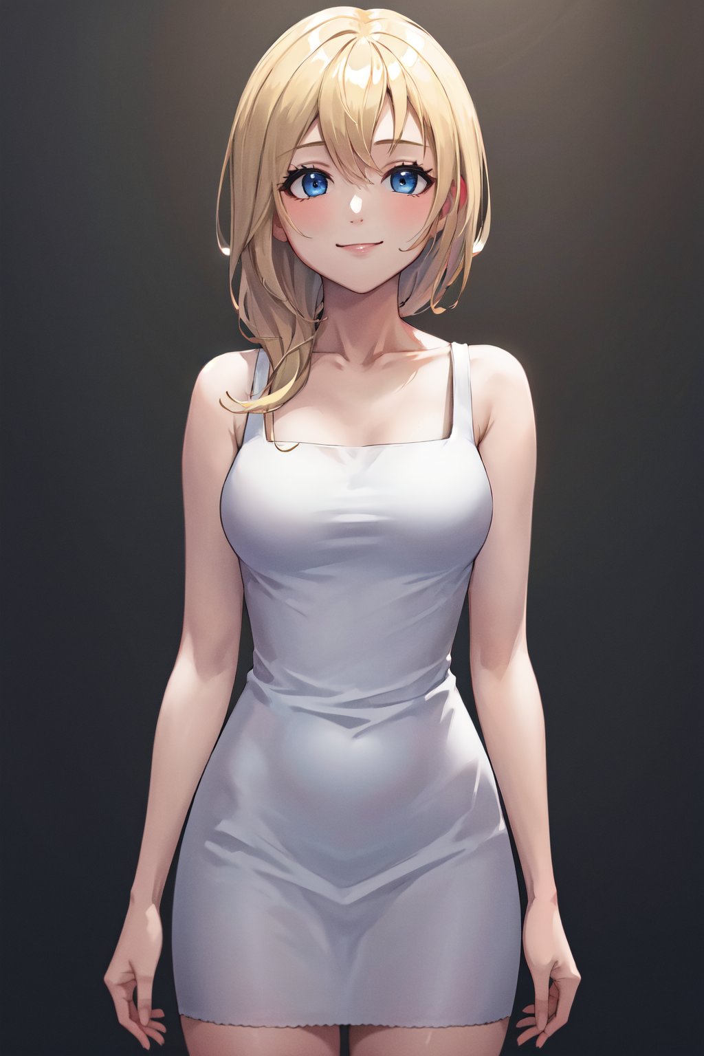 masterpiece, best quality, highres, aanamine, blonde hair, bare shoulders, white dress, dress, <lora:namine_v1:0.7>, smile