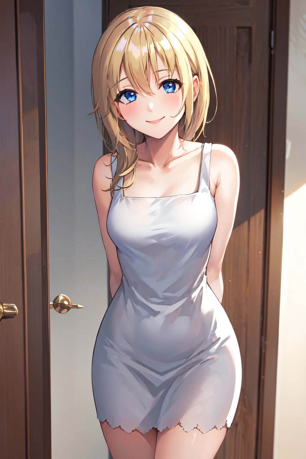 masterpiece, best quality, highres, aanamine, blonde hair, bare shoulders, white dress, dress, <lora:namine_v1:0.7>, leaning forward, arms behind back, smile, standing, door