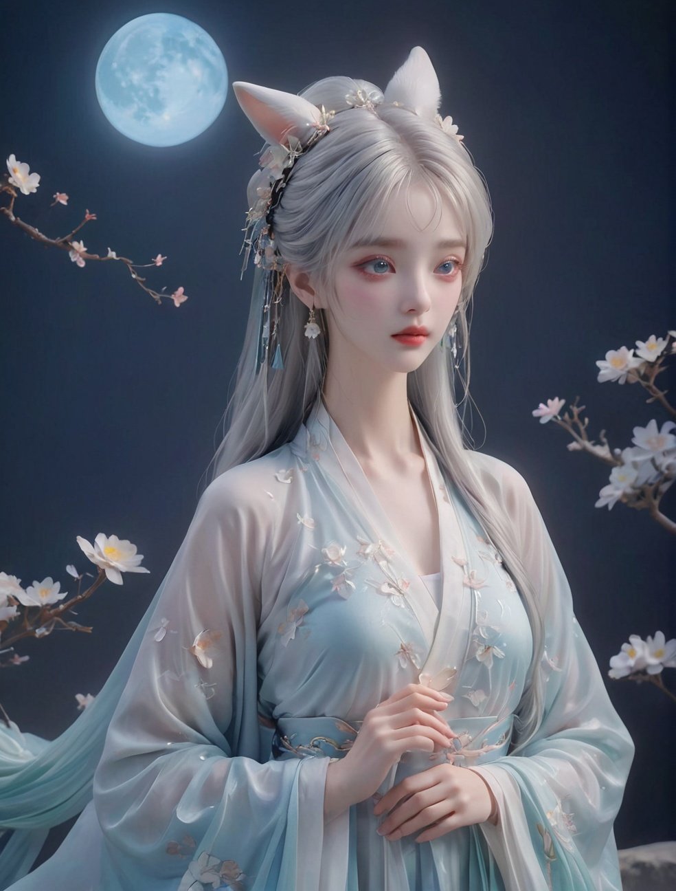 extremely delicate and,beautiful,water,((beauty detailed eye)),highly,Transparent silk, gauze, sexy, seductive,78,full moon,(white hair)mooncake，Ice and snow, light blue, printed clotheshanfu,qixiong ruqun, Ice and snow, light blue, printed clothes broken,see-through, hanfu, (white hair),earrings, (white long blonde hair, )(transparent clothe)Fox ears girl, bright eyes, lovely(Middle part bangs, straight bangs: 2.0)(colorful, chinese clothes, )Vertical hair, fringe,Dazzling hair bow, ,flower,detailed eyes,flower forground,flower and hair is same color,beautifully color,face,her hair is becoming flower,flower,hair,flower,butterfly,high details,high quality,back light,hair and clothes is flower,full body,hand in face,hanfu,high quality,hair with body,webbed dress,fw ,(solo:1.1), (1girl:1.1),(cute,loli,little girl,6-years-old girl:1.6),(off shoulder:1.1), (looking at viewer:1.3),(sitting in water:1.3),(flat breasts:1.3),(shiny skin:1.4), bangle, anklet, (white hair,:1.2)pink hair,) blunt bangs,(widow's peak:1.21), (hanfu:1.4),armlet, bangle, anklet, black hair, blunt bangs, parted bangs, (gradient hair:1.331), high ponytail, hair rings, half updo, (crown braid:1.21), braided bun, (widow's peak:1.21), hair ornament, earrings, (parted lips:1.1), (depth of field:1.1), lens flare, (chromatic aberration:1.1), (caustics:1.1),detailed,cinematic,akisa \(12023648\), White, pink, light blue, light yellow, rainbow color,Silk transparent, gauze, sexy, silk transparent,(masterpiece), (best quality), (absurdres)), linear hatching, ineart, comic, (greyscale, monochrome:1.2),hand on own chest,lovelygirl,1girl, white hair,yellow Hanfu,rabbit,moon cake,lantern,(little moon:1.5),(sparkle:1.2),(Fantasy World:1.4),,Jadeite colored moon cake,star (sky),night,sky,full moon,night sky,colorfull flower,Jadeitelighting,((beautiful face), surface, (original figure painting), ultra- detailed, incredibly detailed, (an extremely delicate and beautiful), beautiful detailed eyes, (best quality),<lora:20230919-1695115856496-0005:0.5> <lora:20230919-1695115856496-0001:0.2> <lora:古风女孩SDXL_v1.0:0.4> <lora:YFilter_DynamicRange_XL_V1:0.4> <lora:原本X11:0.4> <lora:LowRA:0.4> <lora:OC:0.4> <lora:SD1.5泛光调节_v1.0:0.4> <lora:As_qingsha:0.3> <lora:中秋节_花好月圆XL_v2.0:0.5>, masterpiece, best quality,