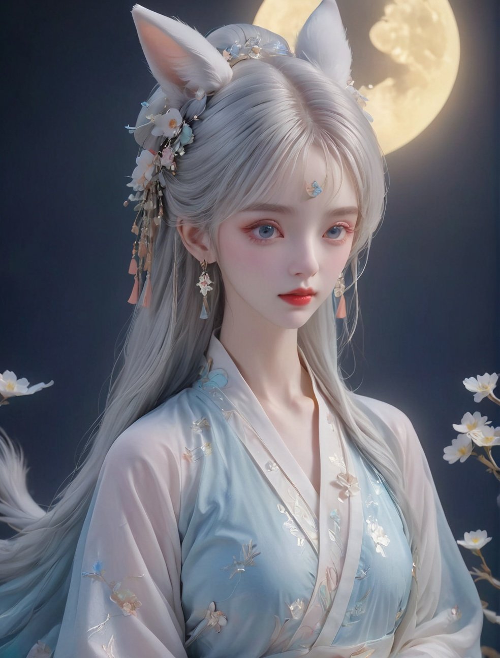 extremely delicate and,beautiful,water,((beauty detailed eye)),highly,Transparent silk, gauze, sexy, seductive,78,full moon,(white hair)mooncake，Ice and snow, light blue, printed clotheshanfu,qixiong ruqun, Ice and snow, light blue, printed clothes broken,see-through, hanfu, (white hair),earrings, (white long blonde hair, )(transparent clothe)Fox ears girl, bright eyes, lovely(Middle part bangs, straight bangs: 2.0)(colorful, chinese clothes, )Vertical hair, fringe,Dazzling hair bow, ,flower,detailed eyes,flower forground,flower and hair is same color,beautifully color,face,her hair is becoming flower,flower,hair,flower,butterfly,high details,high quality,back light,hair and clothes is flower,full body,hand in face,hanfu,high quality,hair with body,webbed dress,fw ,(solo:1.1), (1girl:1.1),(cute,loli,little girl,6-years-old girl:1.6),(off shoulder:1.1), (looking at viewer:1.3),(sitting in water:1.3),(flat breasts:1.3),(shiny skin:1.4), bangle, anklet, (white hair,:1.2)pink hair,) blunt bangs,(widow's peak:1.21), (hanfu:1.4),armlet, bangle, anklet, black hair, blunt bangs, parted bangs, (gradient hair:1.331), high ponytail, hair rings, half updo, (crown braid:1.21), braided bun, (widow's peak:1.21), hair ornament, earrings, (parted lips:1.1), (depth of field:1.1), lens flare, (chromatic aberration:1.1), (caustics:1.1),detailed,cinematic,akisa \(12023648\), White, pink, light blue, light yellow, rainbow color,Silk transparent, gauze, sexy, silk transparent,(masterpiece), (best quality), (absurdres)), linear hatching, ineart, comic, (greyscale, monochrome:1.2),hand on own chest,lovelygirl,1girl, white hair,yellow Hanfu,rabbit,moon cake,lantern,(little moon:1.5),(sparkle:1.2),(Fantasy World:1.4),,Jadeite colored moon cake,star (sky),night,sky,full moon,night sky,colorfull flower,Jadeitelighting,((beautiful face), surface, (original figure painting), ultra- detailed, incredibly detailed, (an extremely delicate and beautiful), beautiful detailed eyes, (best quality),<lora:20230919-1695115856496-0005:0.5> <lora:20230919-1695115856496-0001:0.2> <lora:古风女孩SDXL_v1.0:0.4> <lora:YFilter_DynamicRange_XL_V1:0.4> <lora:原本X11:0.4> <lora:LowRA:0.4> <lora:OC:0.4> <lora:SD1.5泛光调节_v1.0:0.4> <lora:As_qingsha:0.3> <lora:中秋节_花好月圆XL_v2.0:0.5>, masterpiece, best quality,