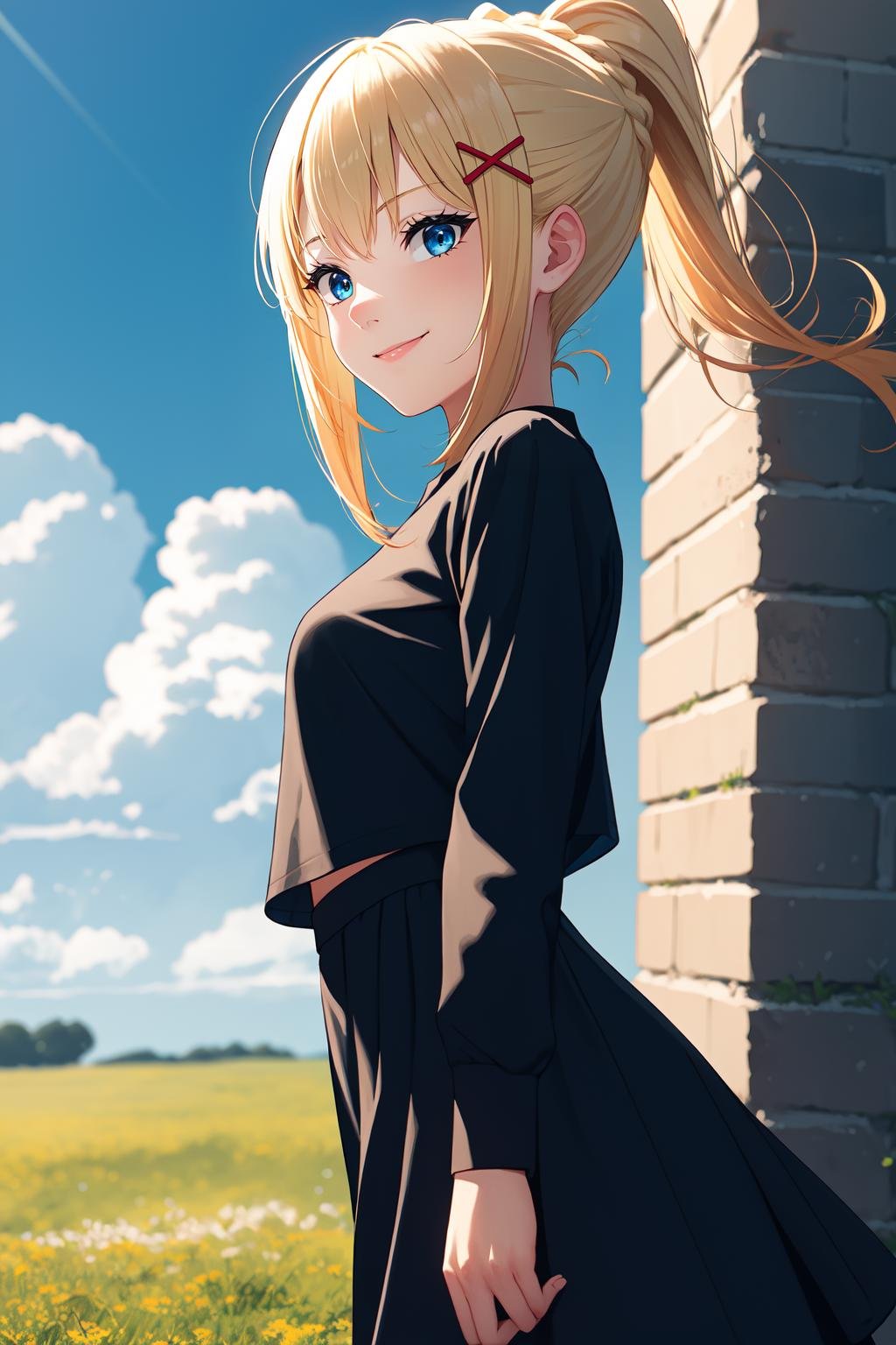 1girl, solo, (lalatina:1.2),blonde hair, ponytail, x hair ornament,blue eyes, looking at viewer,smile, dot nose,white shirt, black skirt,standing,outdoors, nature, blue sky, clouds,<lora:Lalatina - Konosuba v1.1:1>