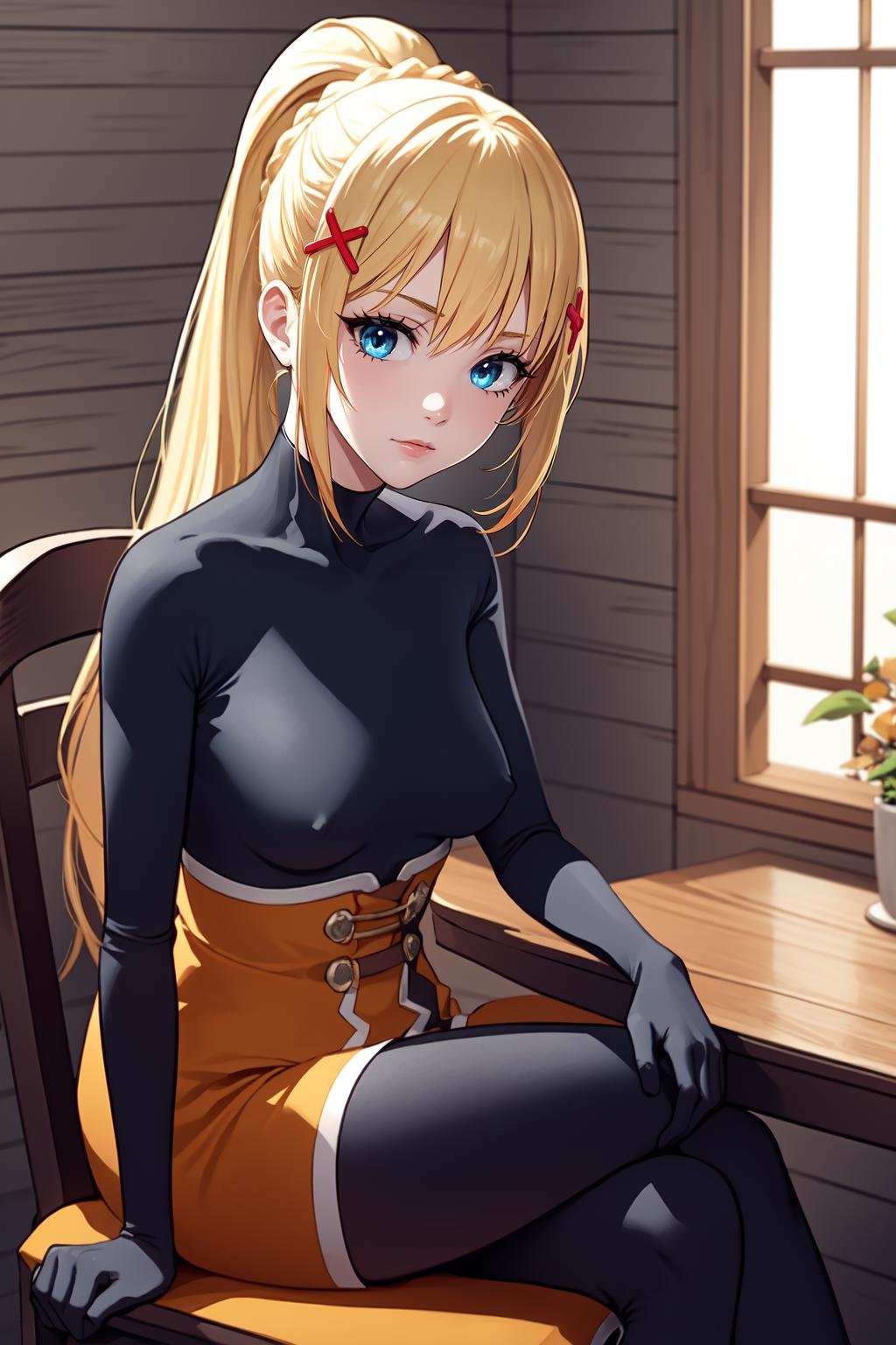 1girl, solo, lalatina,blonde hair, ponytail, x hair ornament,blue eyes, looking at viewer,dot nose,bodysuit, black bodysuit, orange battleskirt,indoors, inn, fantasy, medieval, sitting, sitting on chair,<lora:Lalatina - Konosuba v1.1:1>