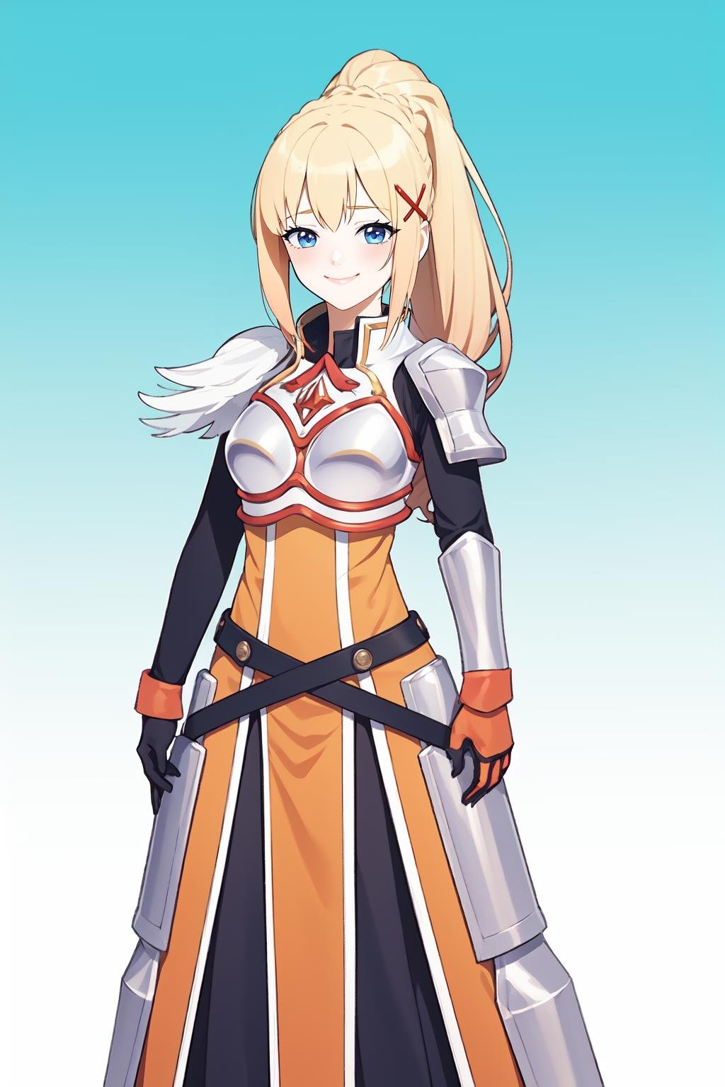 1girl, solo, lalatina,blonde hair, ponytail, x hair ornament,blush, blue eyes, looking at viewer,smile, dot nose,armor, pauldrons, breastplate, orange bracers, faulds, orange battleskirt, pelvic curtain, armored boots,white background, simple background, standing,<lora:Lalatina - Konosuba v1.1:1> <lora:YanWan:1>