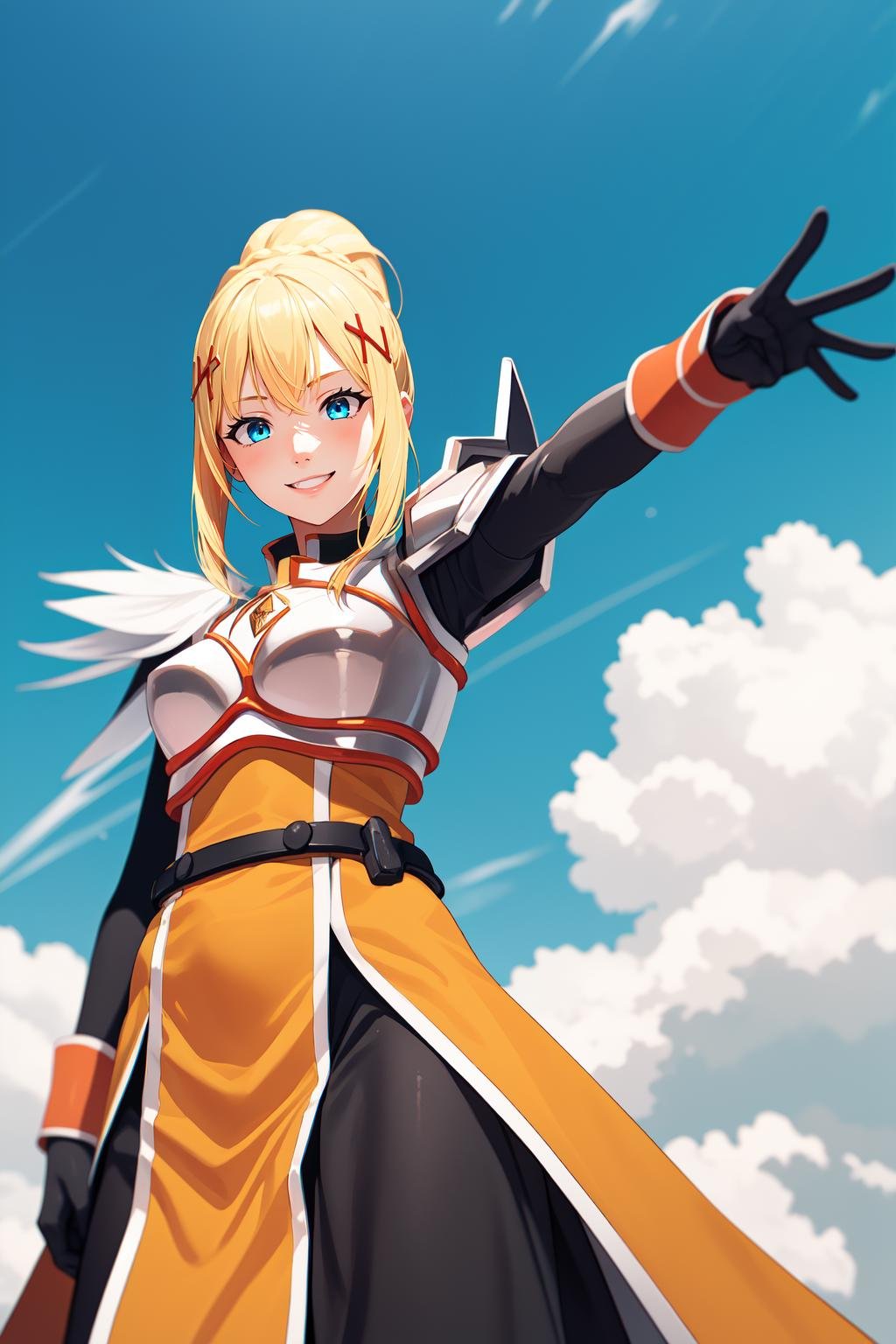 1girl, solo, (lalatina:1.2),blonde hair, ponytail, x hair ornament,blue eyes, looking at viewer,smile, dot nose,armor, breastplate, pauldrons, bracers, (faulds:1.2), orange battleskirt, battleskirt, pelvic curtain, black gloves,standing,outdoors, nature, blue sky, clouds, from below, <lora:Lalatina - Konosuba v1.1:1>