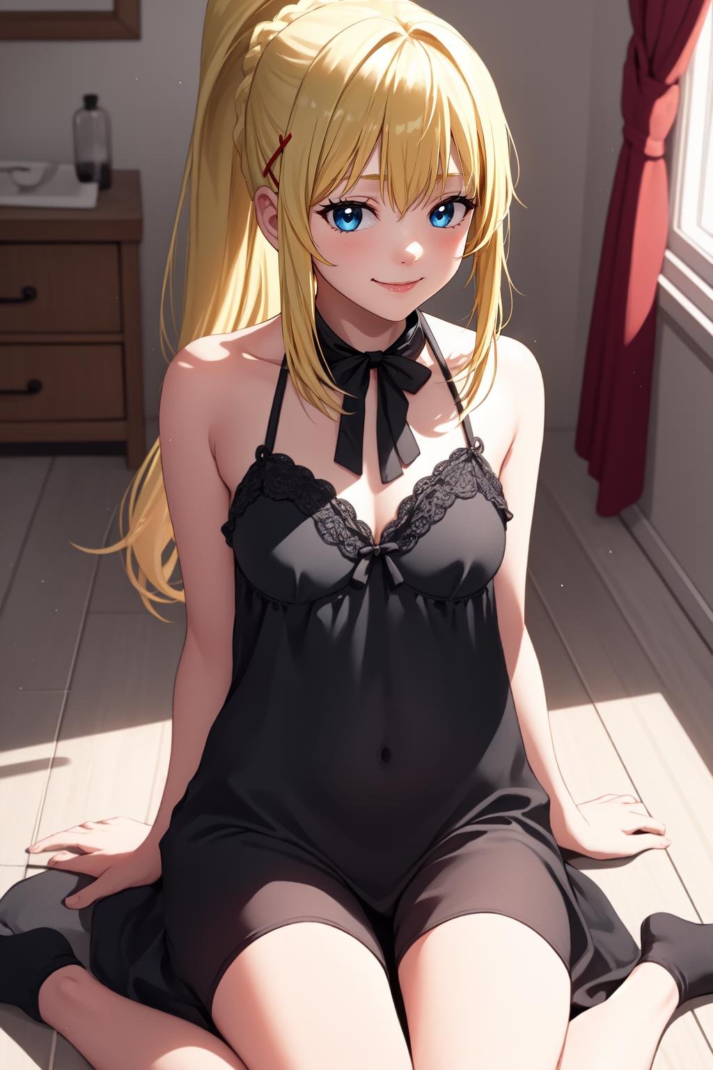 1girl, solo, lalatina,blonde hair, ponytail, x hair ornament,blush, blue eyes, looking at viewer,smile, dot nose,black negligee, negligee, wariza, sitting on floor, arm support, indoors, renaissance, vintage, red curtains,<lora:Lalatina - Konosuba v1.1:1> <lora:Negligee:1>