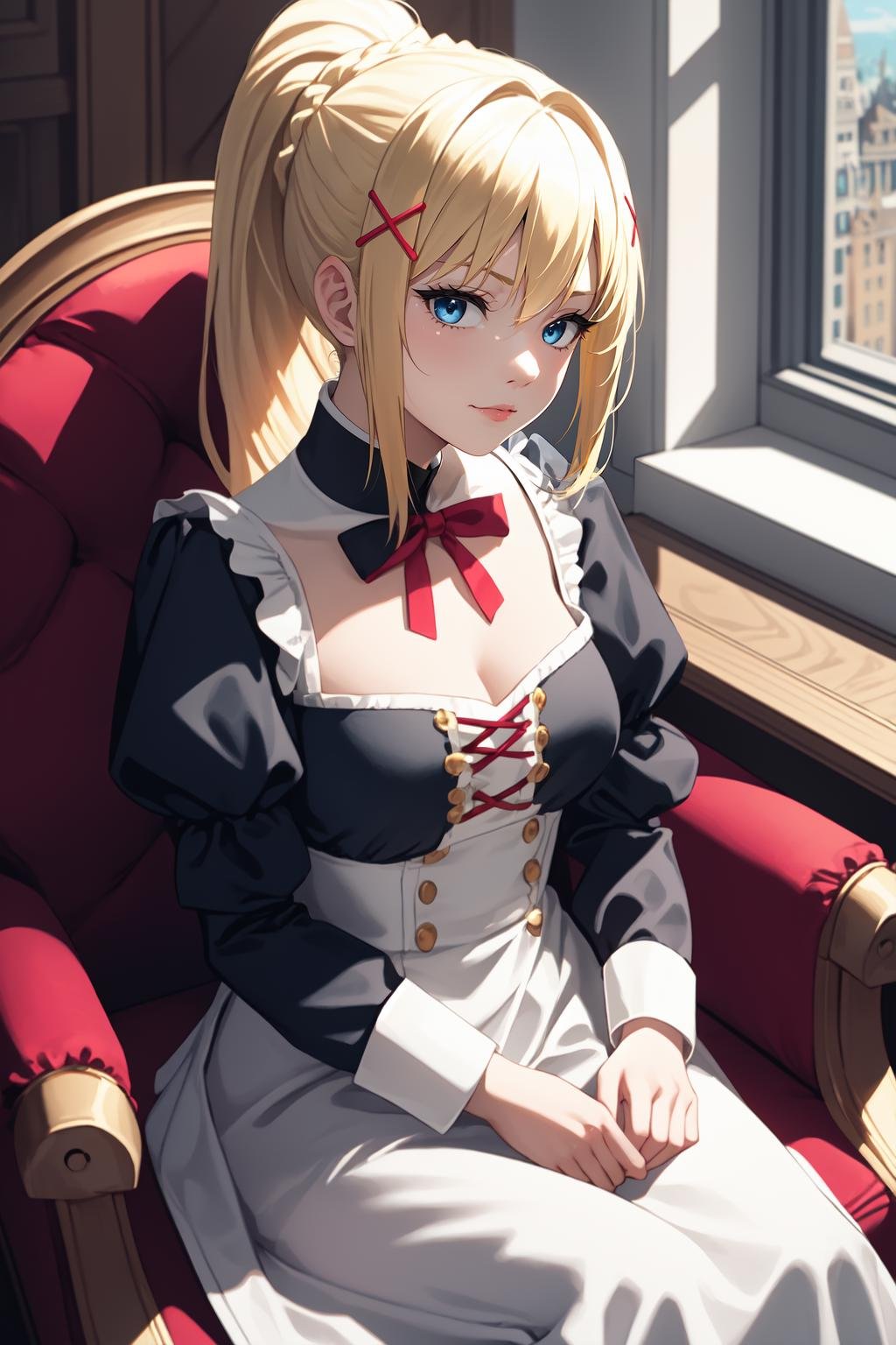 1girl, solo, lalatina,blonde hair, ponytail, x hair ornament,blue eyes, looking at viewer,dot nose,white dress, puffy sleeves, long sleeves, cleavage,indoors, renaissance, vintage, mansion, sitting in chair, armchair,<lora:Lalatina - Konosuba v1.1:1>