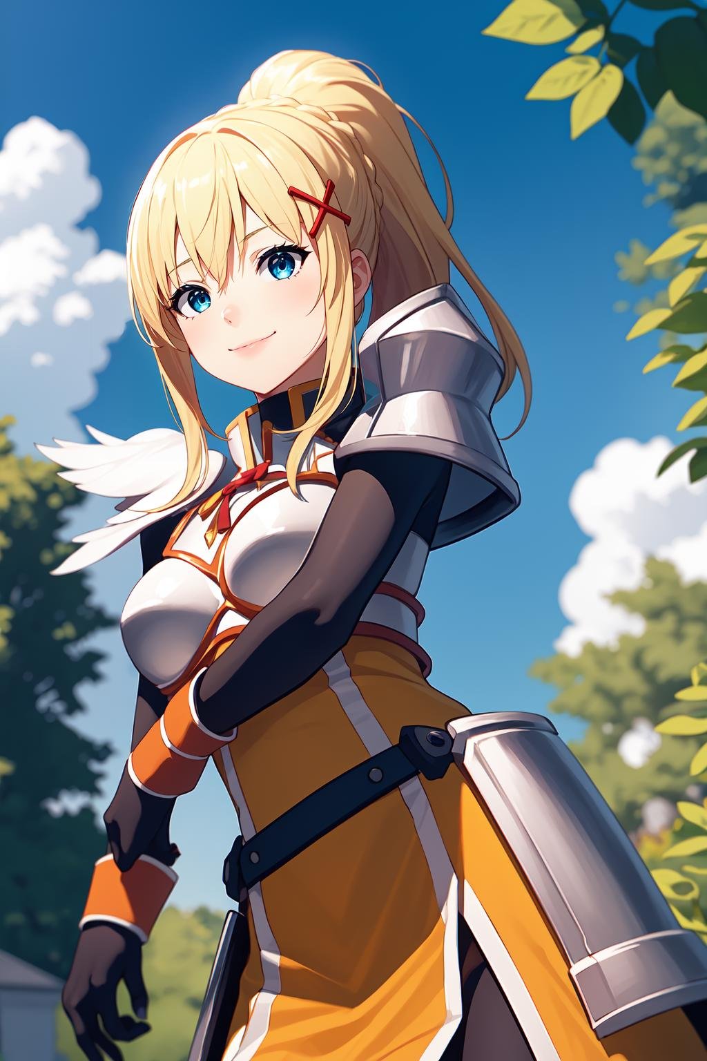 1girl, solo, (lalatina:1.2),blonde hair, ponytail, x hair ornament,blue eyes, looking at viewer,smile, dot nose,armor, breastplate, pauldrons, bracers, (faulds:1.2), orange battleskirt, battleskirt, pelvic curtain, black gloves,standing,outdoors, nature, blue sky, clouds, from below, <lora:Lalatina - Konosuba v1.1:1>