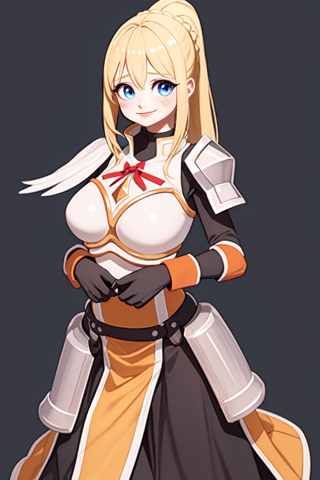 1girl, solo, lalatina,blonde hair, ponytail, x hair ornament,blush, blue eyes, looking at viewer,smile, dot nose,armor, pauldrons, breastplate, orange bracers, faulds, orange battleskirt, pelvic curtain,white background, simple background, standing,<lora:Lalatina - Konosuba v1.1:1> <lora:Yabby v2:1>