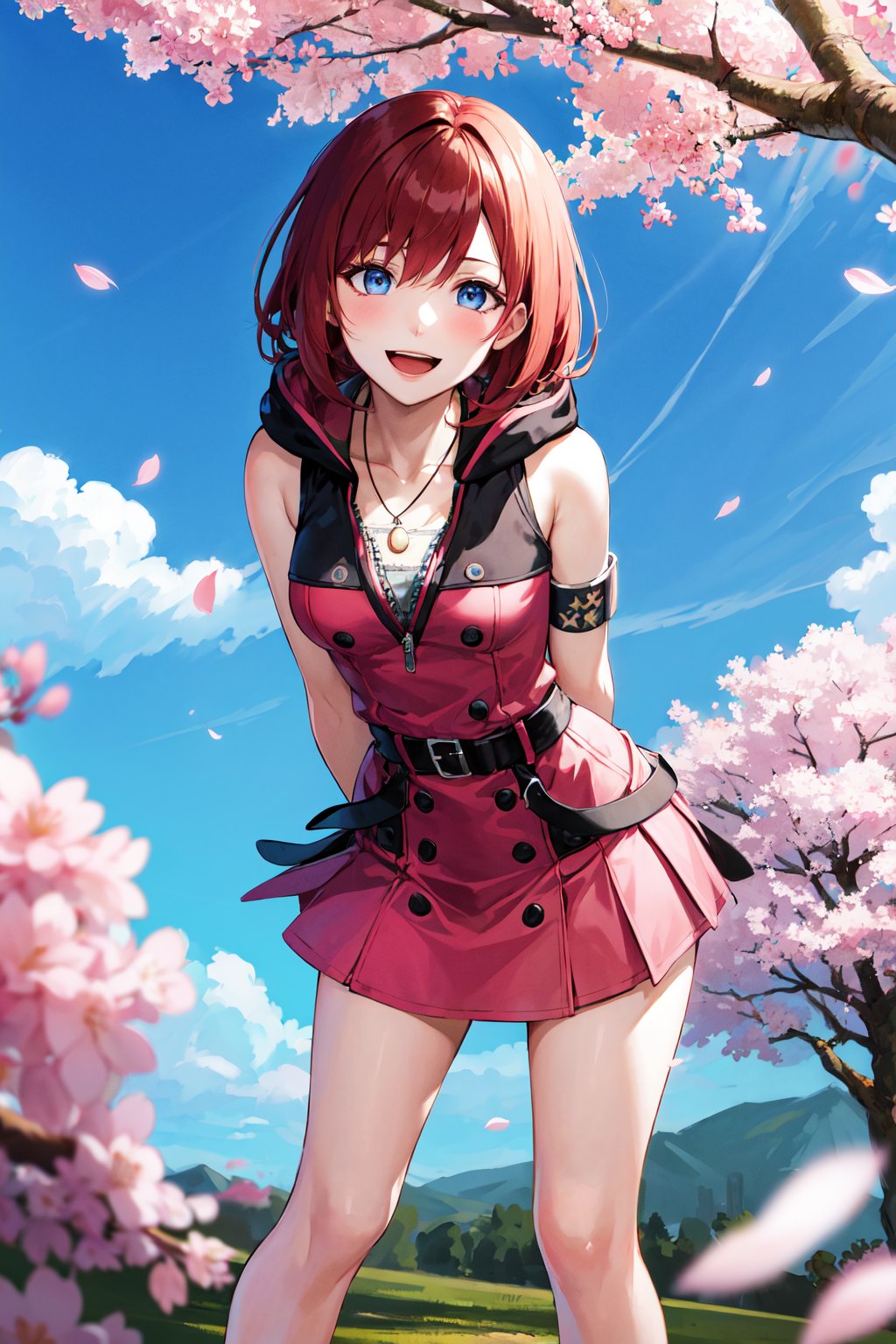 masterpiece, best quality, highres, cckairi, medium hair, necklace, bare shoulders, hoodie, buttons, sleeveless, bracelet, belt buckle, black belt, pink skirt, <lora:kairi_v1:0.7>, smile, open mouth, cherry blossoms, leaning forward, arms behind back, standing