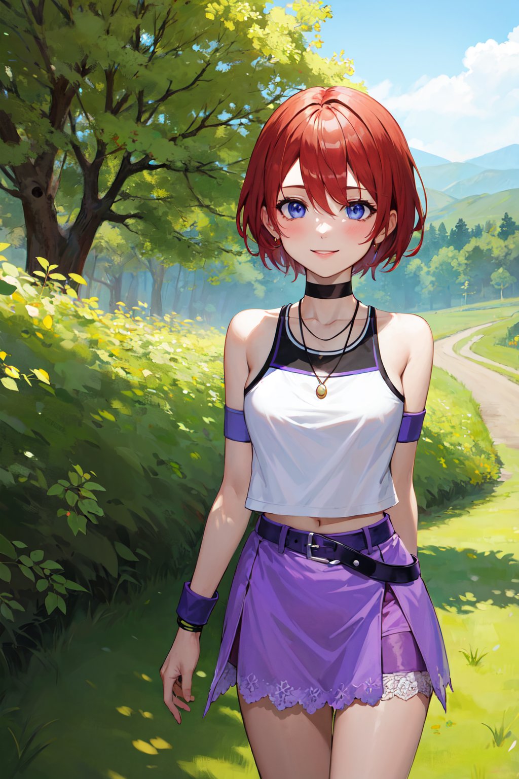 masterpiece, best quality, highres, aakairi, short hair, blue eyes, necklace, choker, tank top, white shirt, armband, wristband, midriff, purple belt, purple skirt, <lora:kairi_v1:0.7>, cowboy shot, standing, outdoors, smile