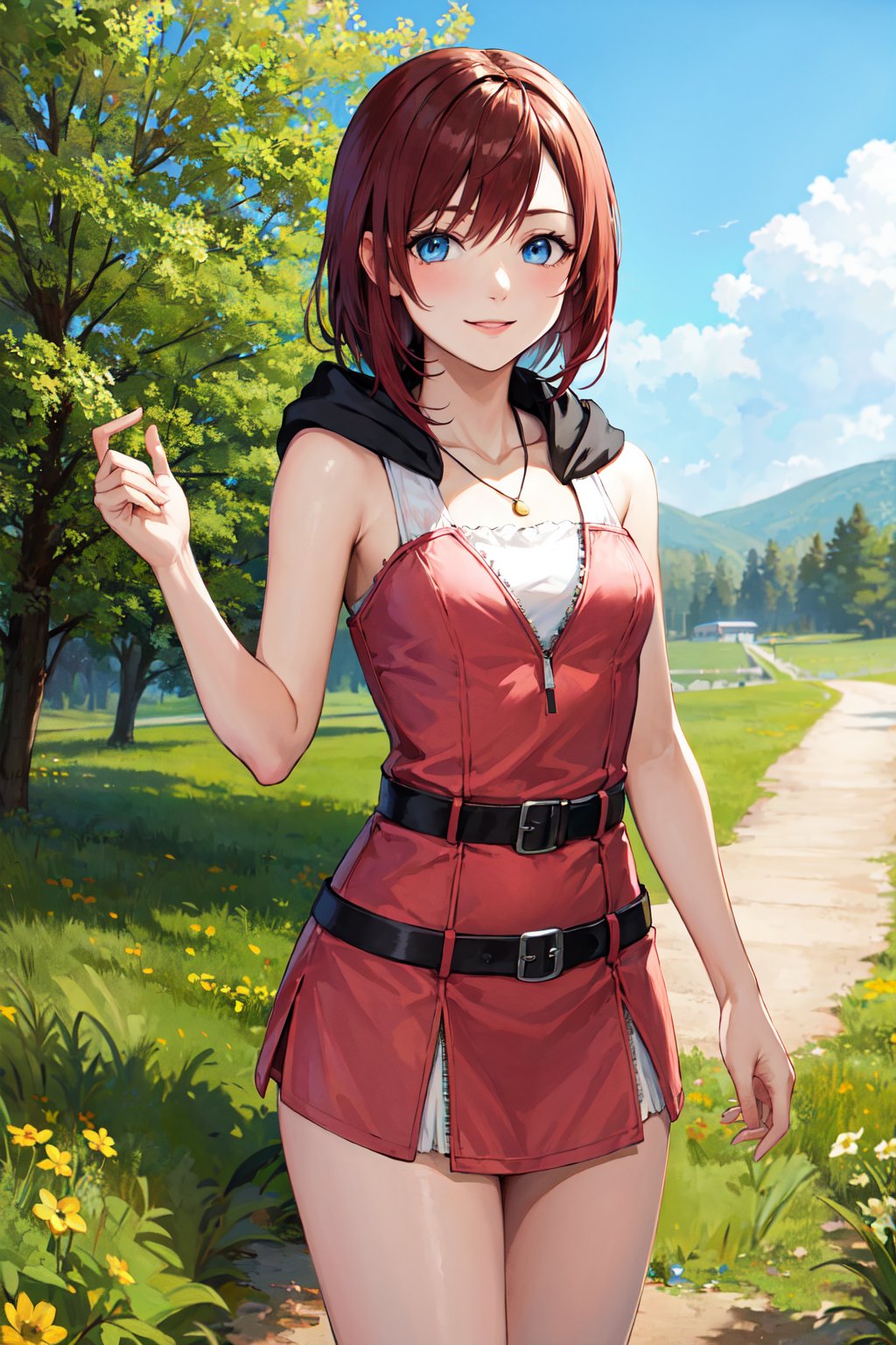 masterpiece, best quality, highres, bbkairi, medium hair, blue eyes, necklace, hood, short dress,  pink dress, sleeveless dress, belt, <lora:kairi_v1:0.7>, standing, cowboy shot, outdoors, smile