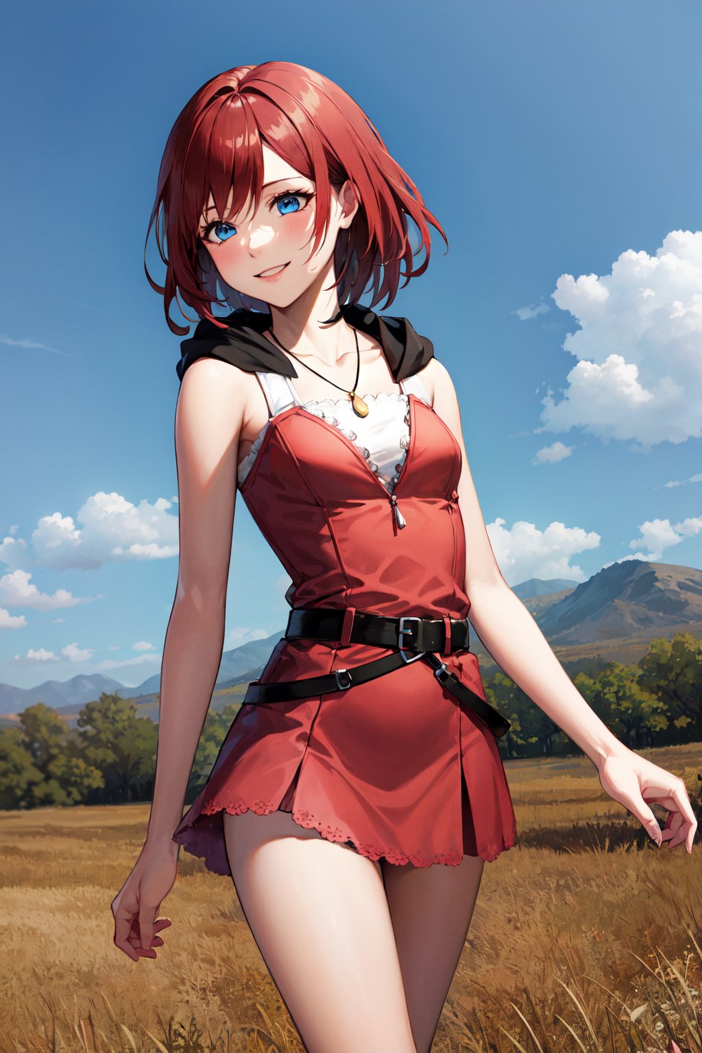 masterpiece, best quality, highres, bbkairi, medium hair, blue eyes, necklace, hood, short dress,  pink dress, sleeveless dress, belt, <lora:kairi_v1:0.7>, standing, cowboy shot, outdoors, smile