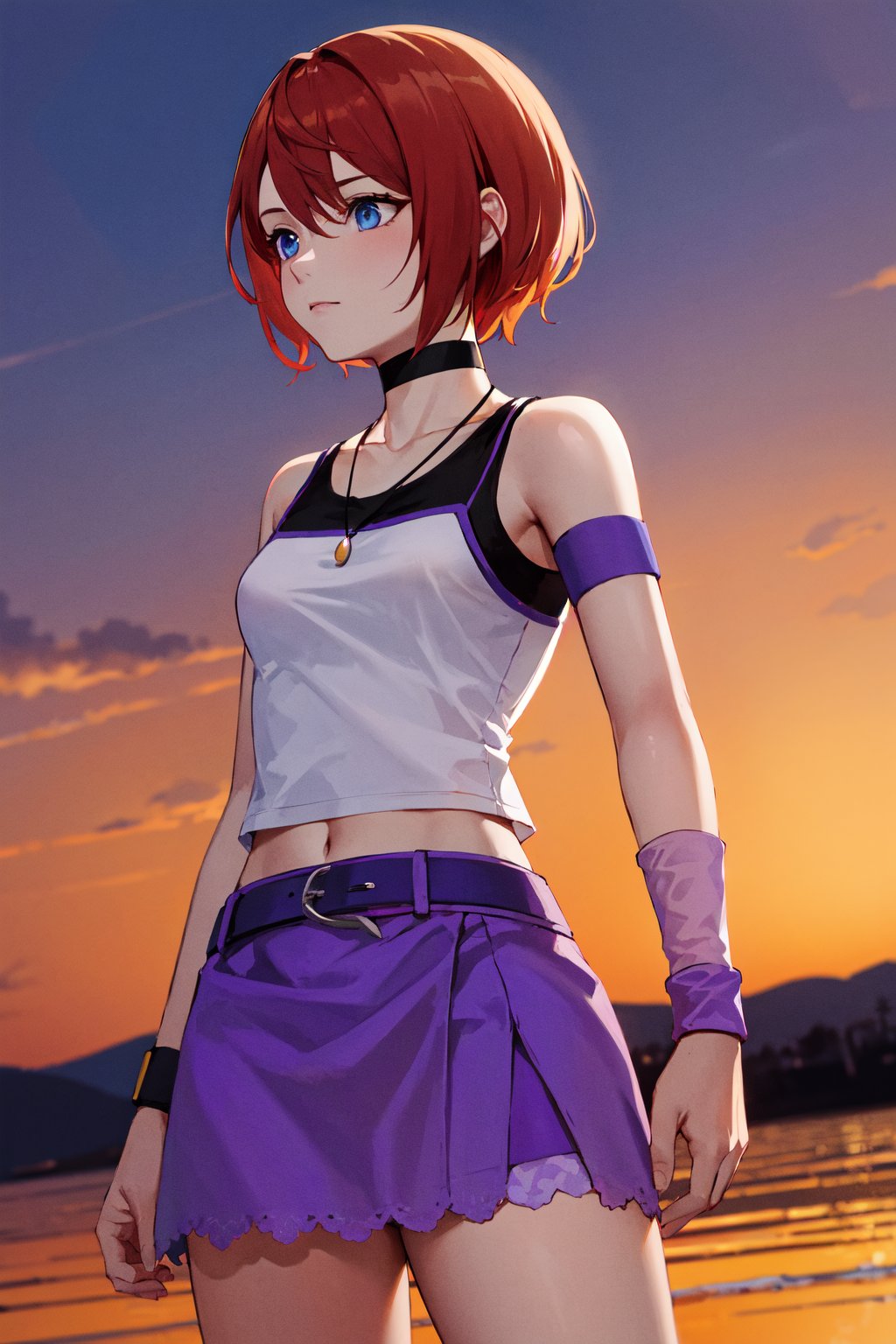 masterpiece, best quality, highres, aakairi, short hair, blue eyes, necklace, choker, tank top, white shirt, armband, wristband, midriff, purple belt, purple skirt, <lora:kairi_v1:0.7>, cowboy shot, standing, outdoors, sunset,