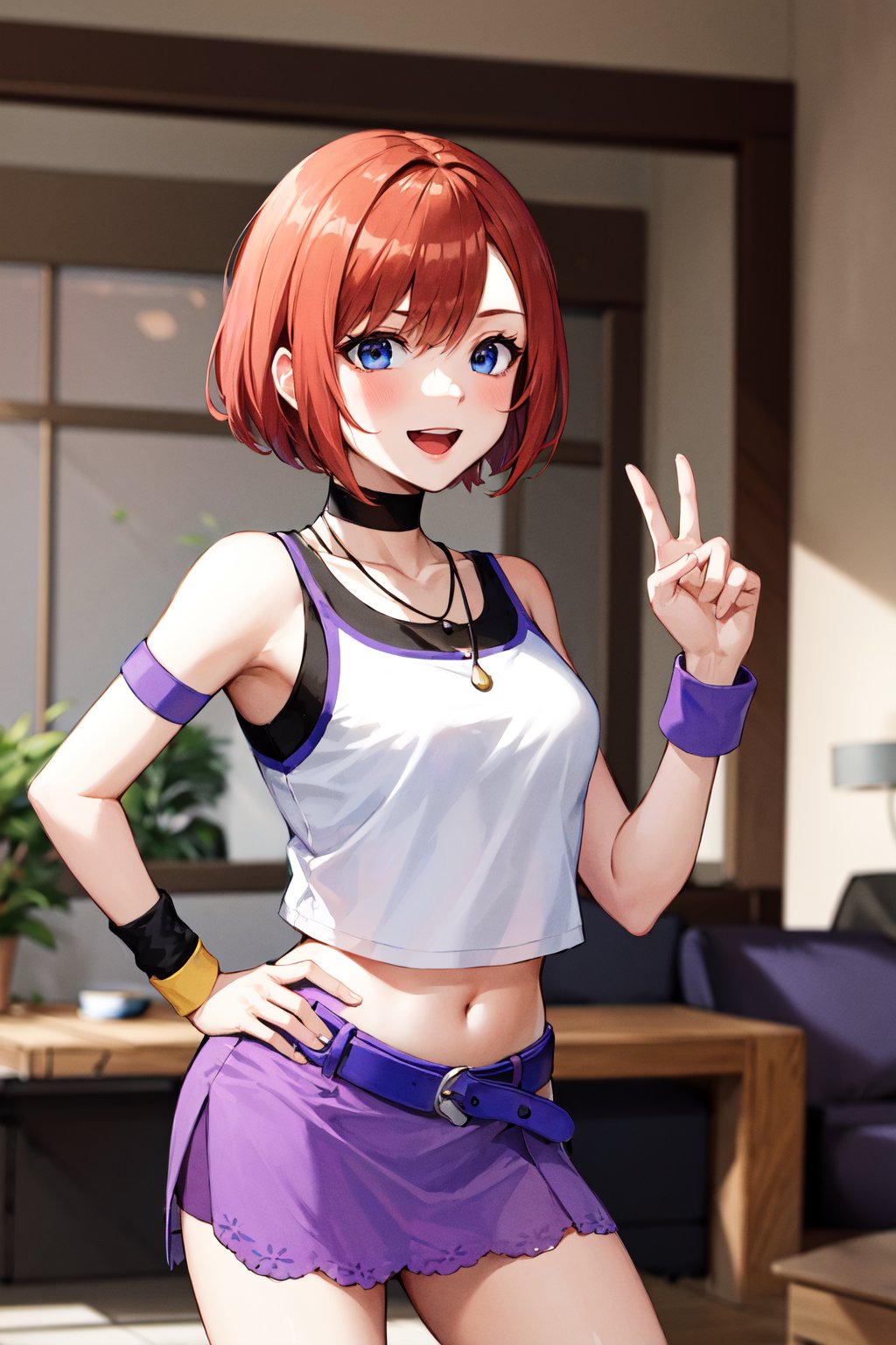 masterpiece, best quality, highres, aakairi, short hair, blue eyes, necklace, choker, tank top, white shirt, armband, wristband, midriff, purple belt, purple skirt, <lora:kairi_v1:0.7>, indoors, hand on hip, smile, open mouth, living room,