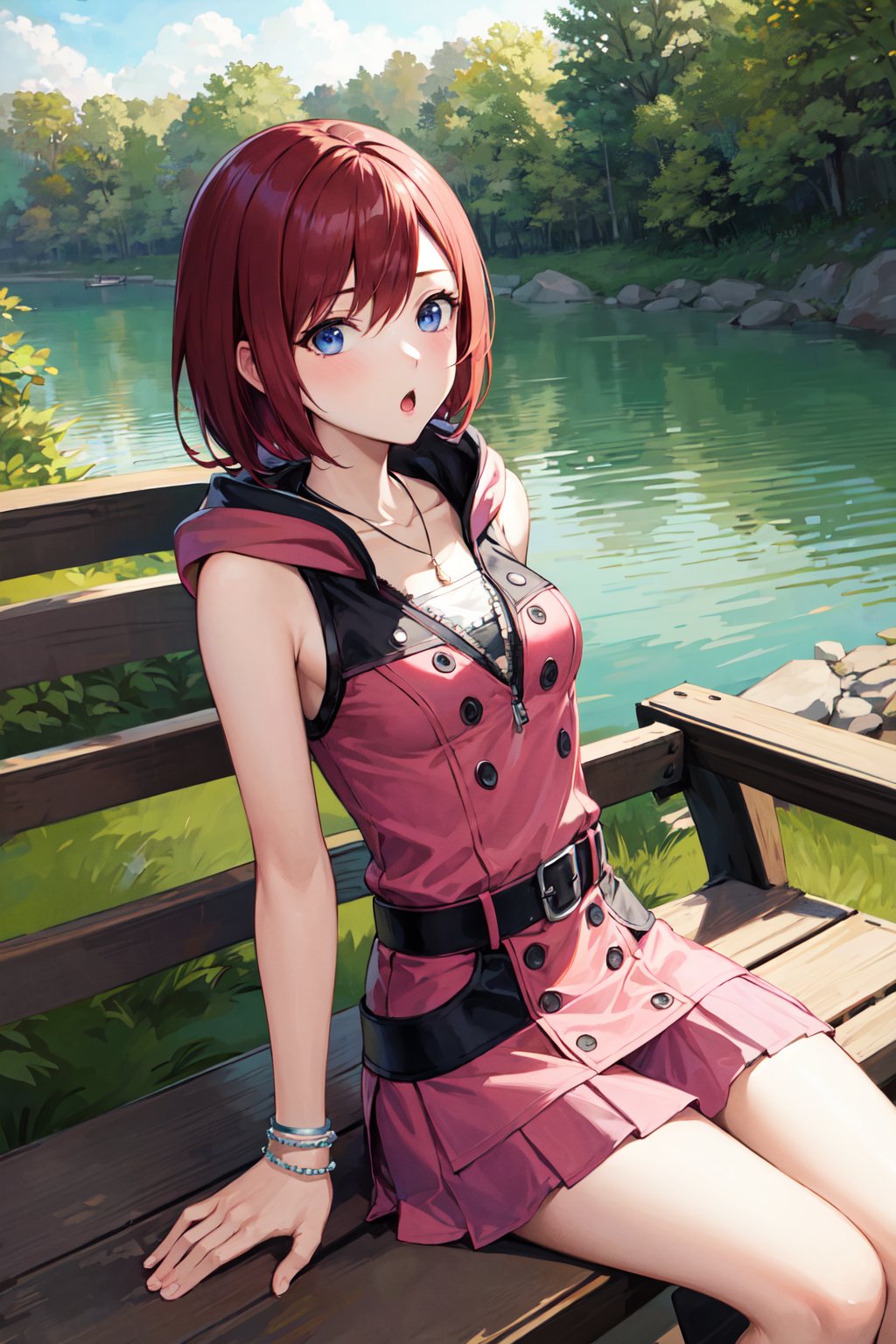 masterpiece, best quality, highres, cckairi, medium hair, necklace, bare shoulders, hoodie, buttons, sleeveless, bracelet, belt buckle, black belt, pink skirt, <lora:kairi_v1:0.7>, sitting, bench, bridge, wind, :o