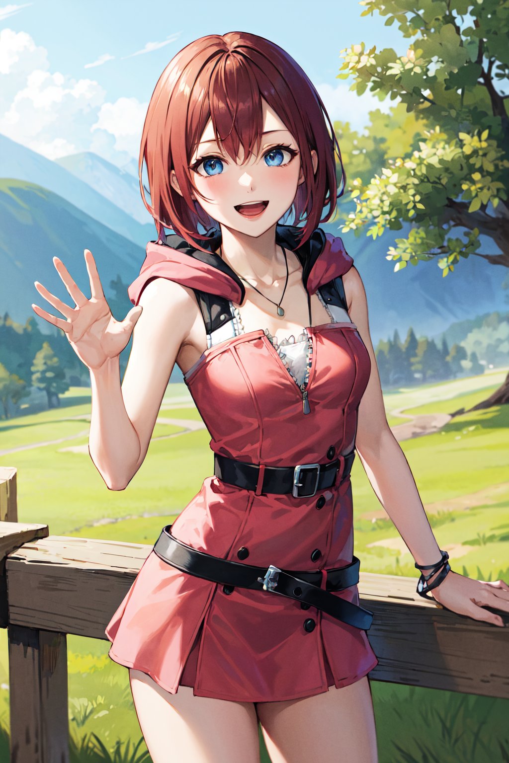 masterpiece, best quality, highres, bbkairi, medium hair, blue eyes, necklace, hood, short dress, pink dress, sleeveless dress, belt, <lora:kairi_v1:0.7>, standing, cowboy shot, outdoors, smile, open mouth, waving,