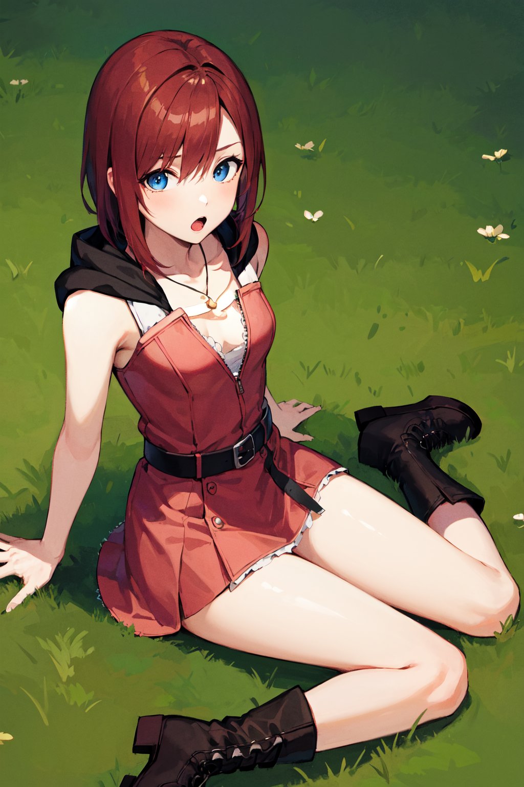 masterpiece, best quality, highres, bbkairi, medium hair, blue eyes, necklace, hood, short dress, pink dress, sleeveless dress, belt, <lora:kairi_v1:0.7>, :o, wariza, grass, sitting, boots