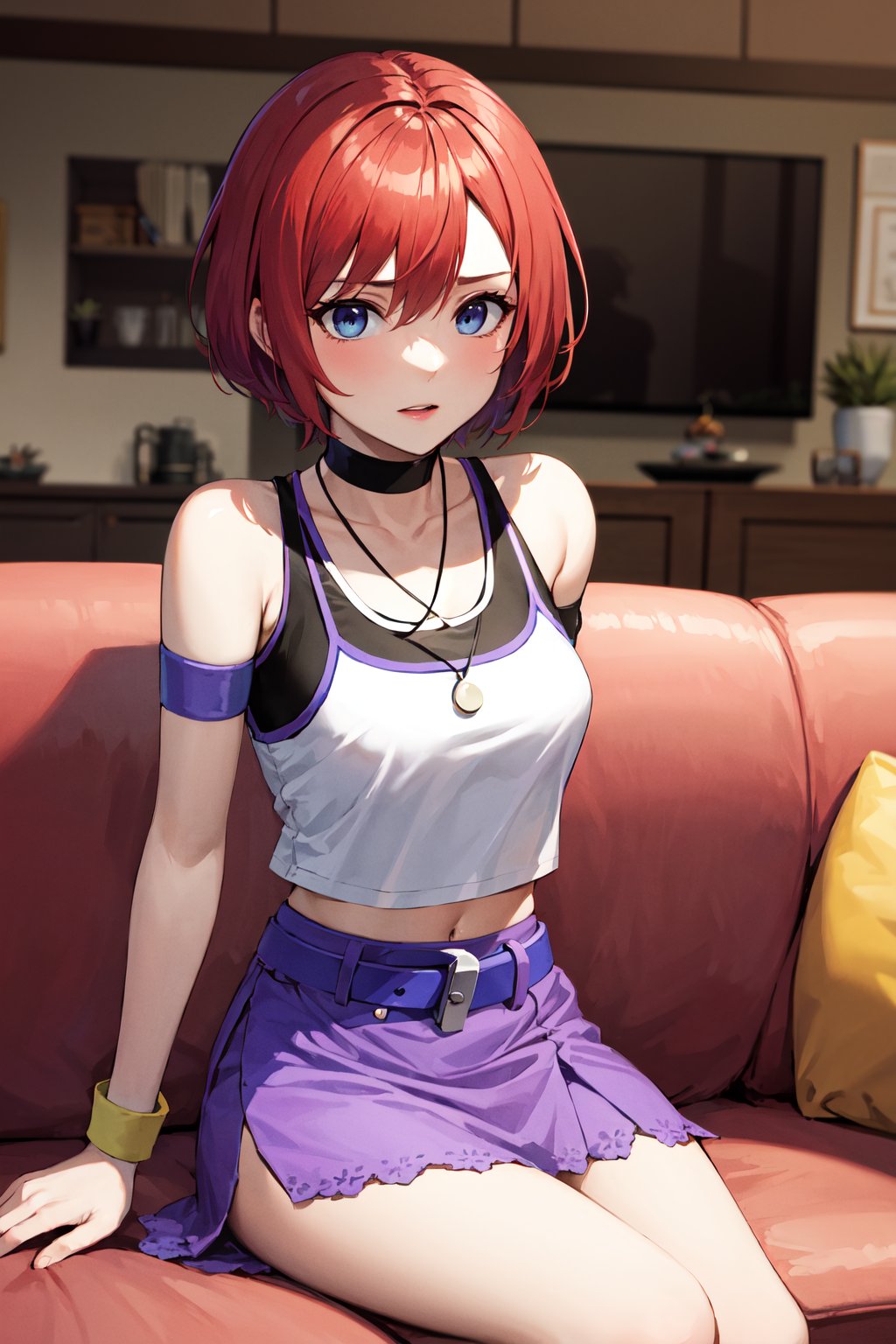 masterpiece, best quality, highres, aakairi, short hair, blue eyes, necklace, choker, tank top, white shirt, armband, wristband, midriff, purple belt, purple skirt, <lora:kairi_v1:0.7>, sitting, living room, sofa