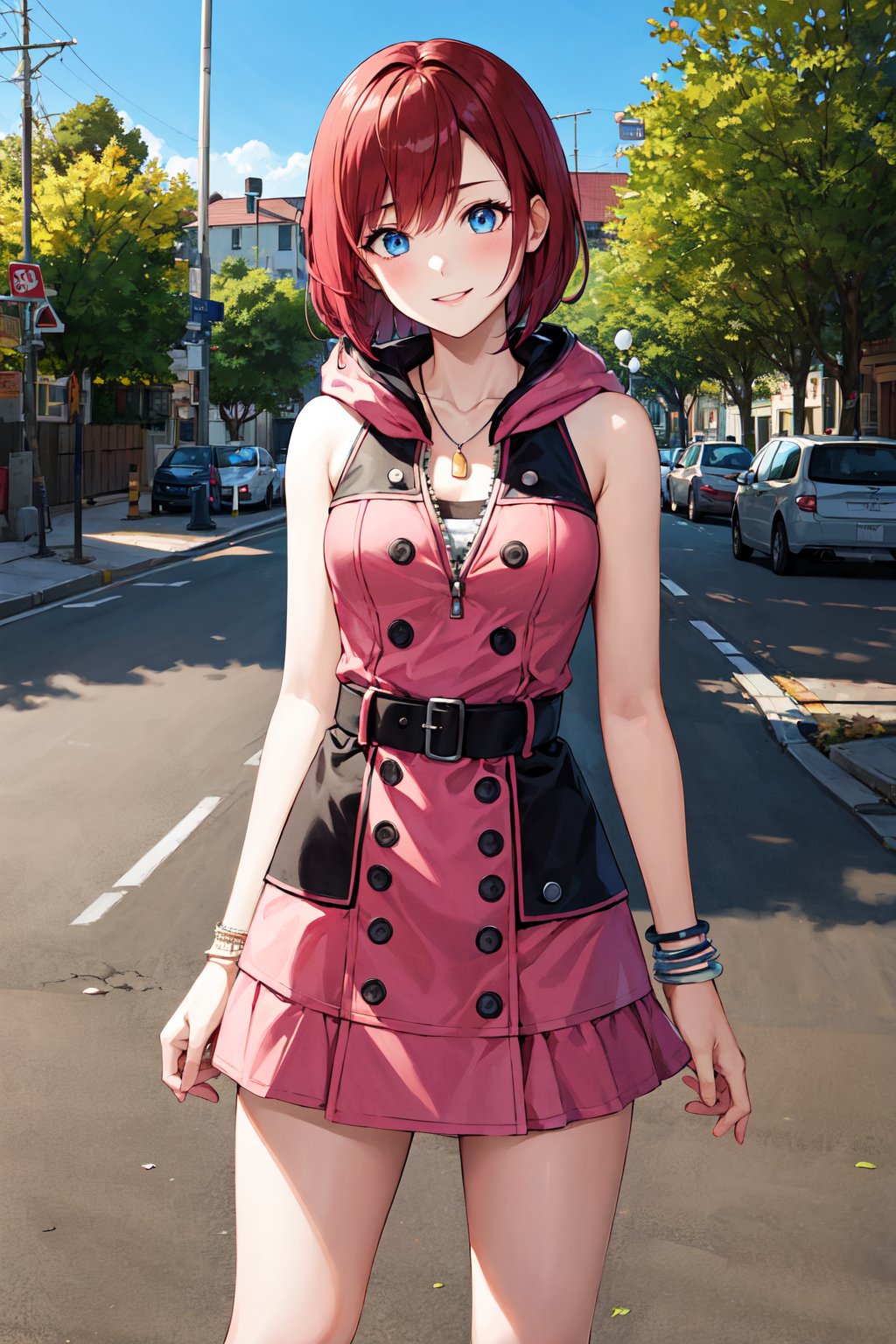 masterpiece, best quality, highres, cckairi, medium hair, necklace, bare shoulders, hoodie, buttons, sleeveless, bracelet, belt buckle, black belt, pink skirt, <lora:kairi_v1:0.7>, standing, cowboy shot, town, street, smile