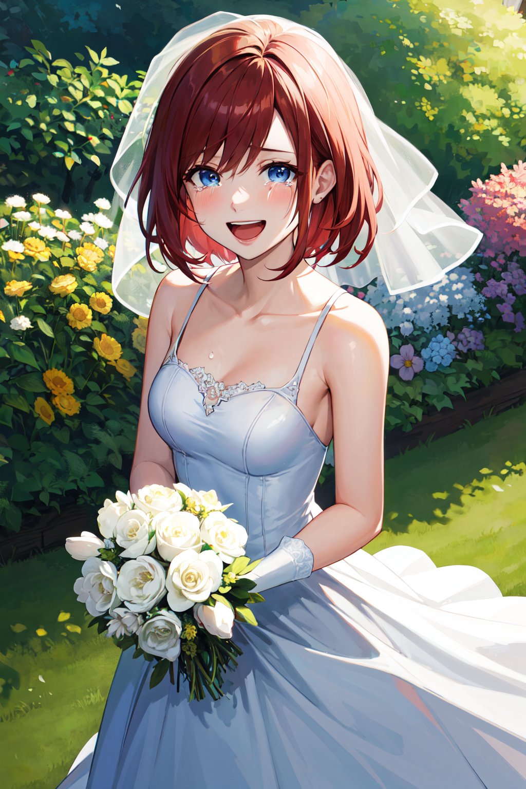 masterpiece, best quality, highres, cckairi, medium hair, <lora:kairi_v1:0.7>, , wedding dress, white dress, white gloves, garden, holding bouquet, smile, open mouth, tears,