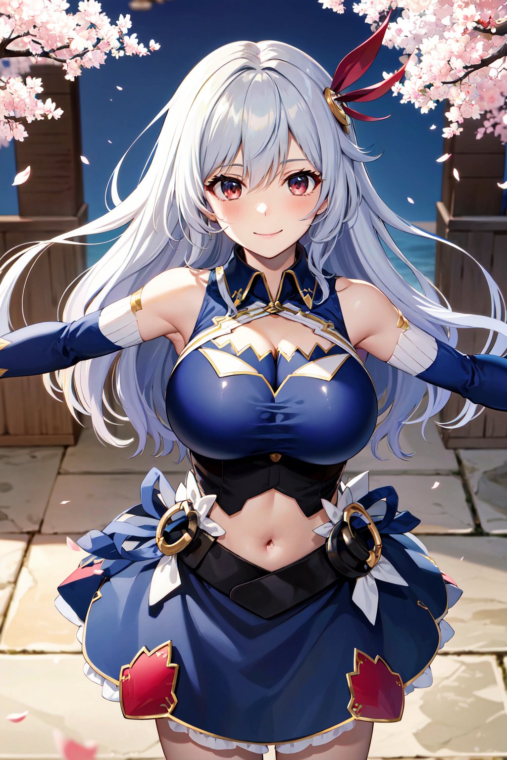 masterpiece, best quality, highres, aaev, long hair, hair ornament, large breasts, cleavage, clothing cutout, blue shirt, sleeveless shirt, detached sleeves, midriff, skirt, blue skirt, <lora:eleonora_viltaria_v1:0.7>, cherry blossoms, standing, cowboy shot, outstretched arms, reaching out, smile,