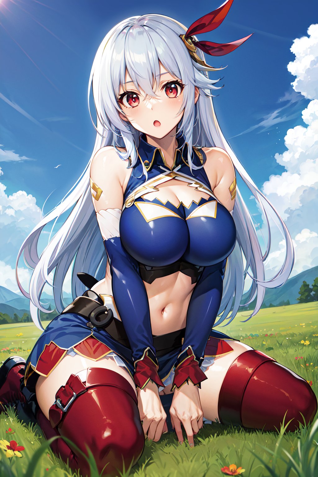 masterpiece, best quality, highres, aaev, long hair, hair ornament, large breasts, cleavage, clothing cutout, blue shirt, sleeveless shirt, detached sleeves, midriff, skirt, blue skirt, <lora:eleonora_viltaria_v1:0.7>, wariza, :o, grass, boots,