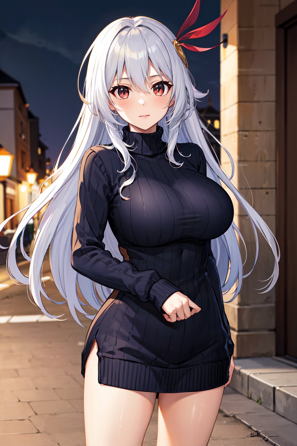 masterpiece, best quality, highres, aaev, long hair, hair ornament, large breasts, <lora:eleonora_viltaria_v1:0.7>, sweater dress, virgin killer sweater, street, night, long sleeves, standing