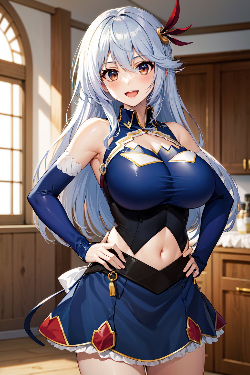 masterpiece, best quality, highres, aaev, long hair, hair ornament, large breasts, cleavage, clothing cutout, blue shirt, sleeveless shirt, detached sleeves, midriff, skirt, blue skirt, <lora:eleonora_viltaria_v1:0.7>, indoors, hand on hip, smile, open mouth, cowboy shot, 