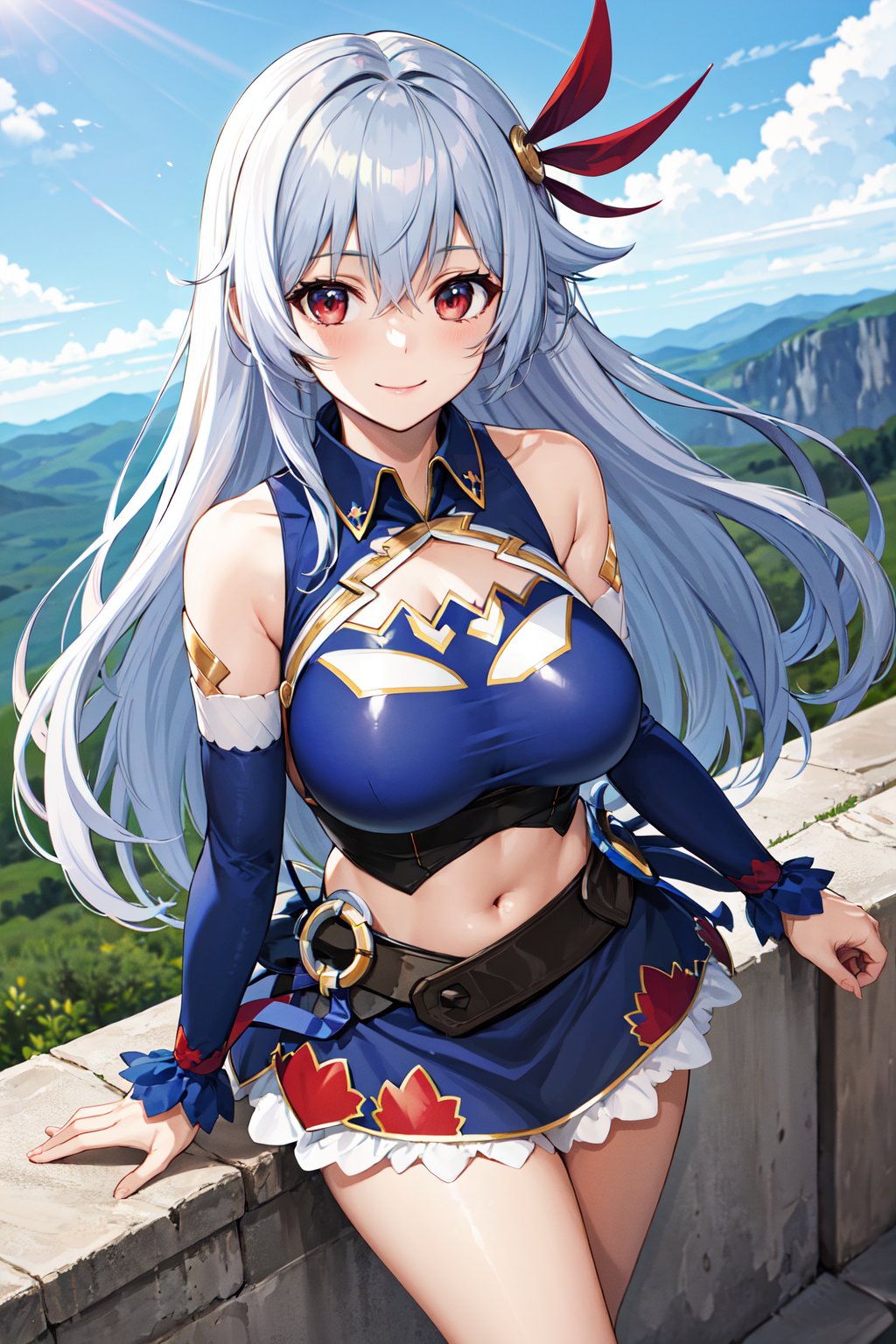 masterpiece, best quality, highres, aaev, long hair, hair ornament, large breasts, cleavage, clothing cutout, blue shirt, sleeveless shirt, detached sleeves, midriff, skirt, blue skirt, <lora:eleonora_viltaria_v1:0.7>, outdoors, smile, standing, outdoors