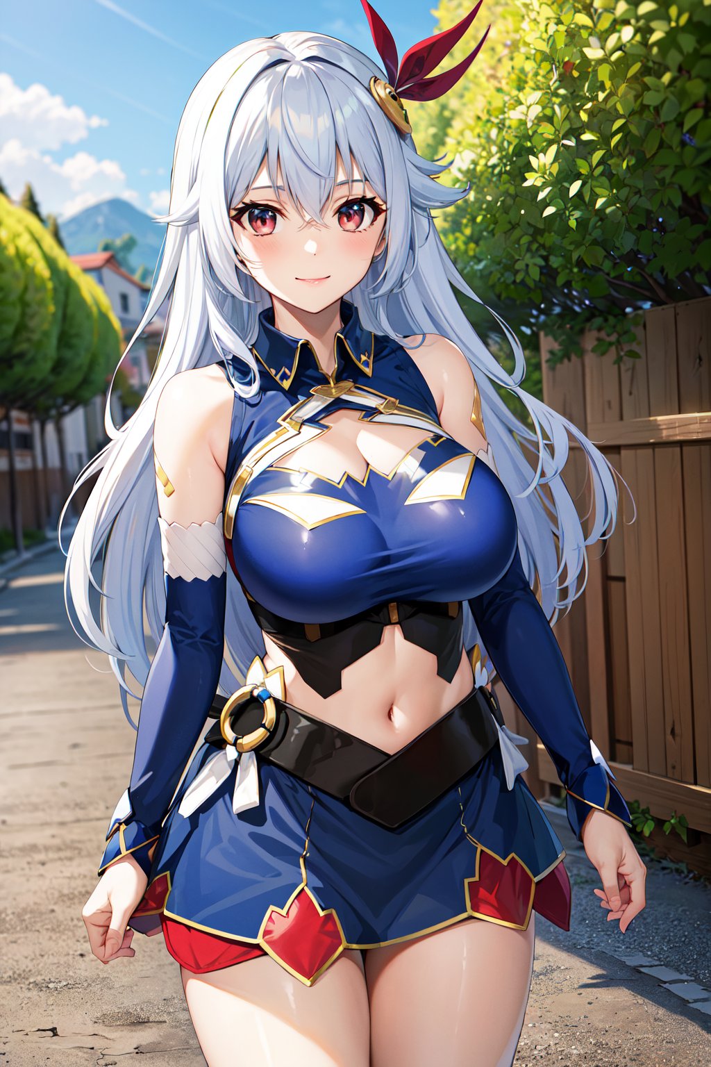 masterpiece, best quality, highres, aaev, long hair, hair ornament, large breasts, cleavage, clothing cutout, blue shirt, sleeveless shirt, detached sleeves, midriff, skirt, blue skirt, <lora:eleonora_viltaria_v1:0.7>, outdoors, smile, standing, outdoors