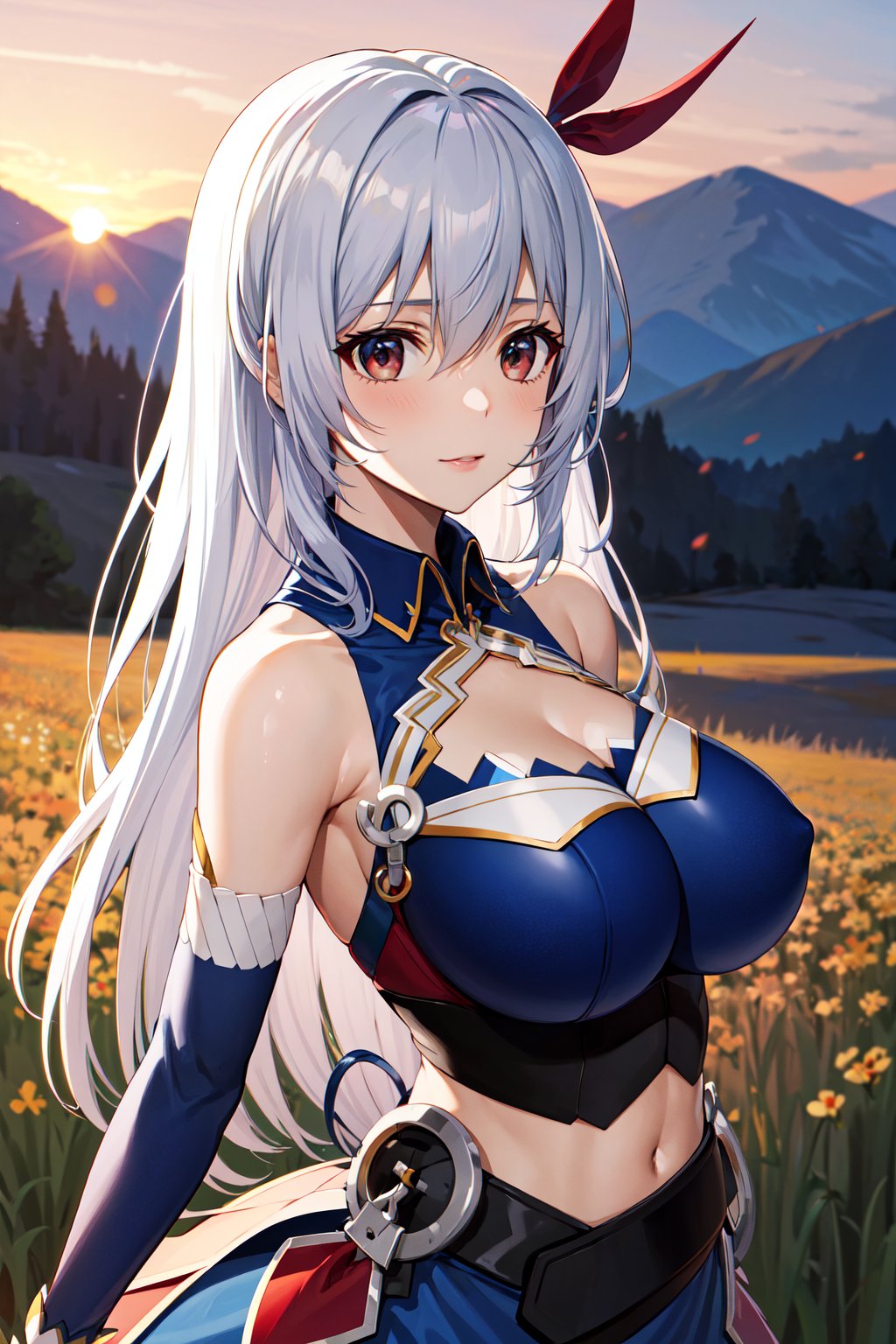 masterpiece, best quality, highres, aaev, long hair, hair ornament, large breasts, cleavage, clothing cutout, blue shirt, sleeveless shirt, detached sleeves, midriff, skirt, blue skirt, <lora:eleonora_viltaria_v1:0.7>, field, sunset, from side,