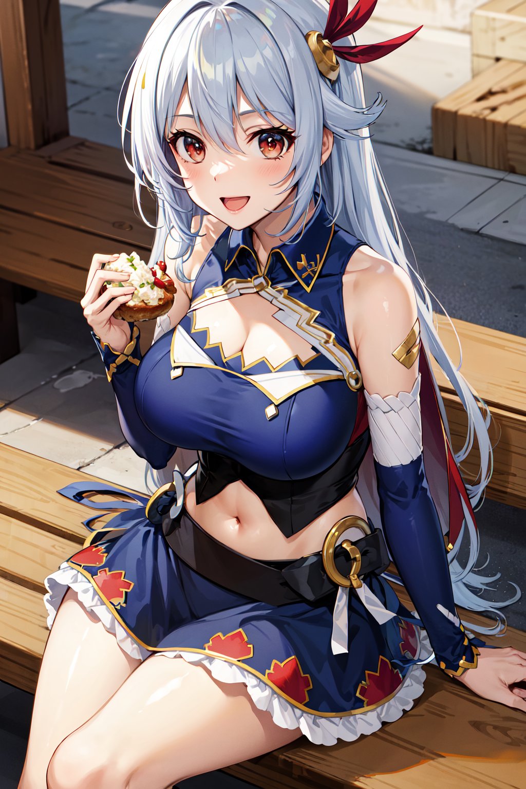 masterpiece, best quality, highres, aaev, long hair, hair ornament, large breasts, cleavage, clothing cutout, blue shirt, sleeveless shirt, detached sleeves, midriff, skirt, blue skirt, <lora:eleonora_viltaria_v1:0.7>, sitting, bench, holding food, food, open mouth, smile