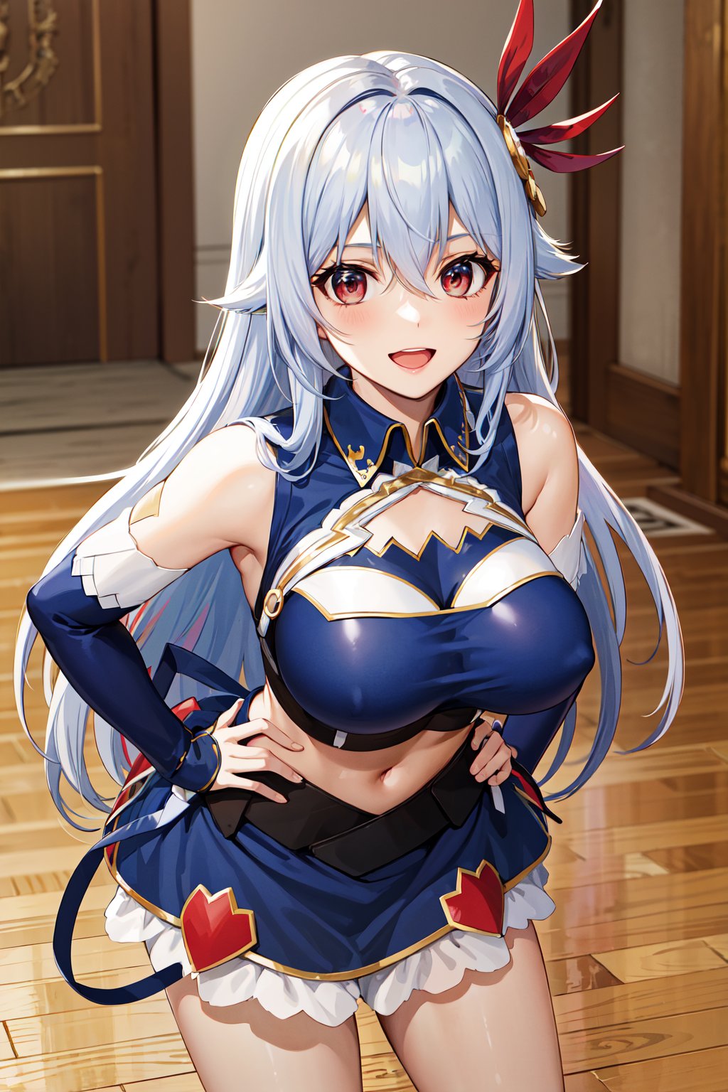 masterpiece, best quality, highres, aaev, long hair, hair ornament, large breasts, cleavage, clothing cutout, blue shirt, sleeveless shirt, detached sleeves, midriff, skirt, blue skirt, <lora:eleonora_viltaria_v1:0.7>, indoors, hand on hip, smile, open mouth, 